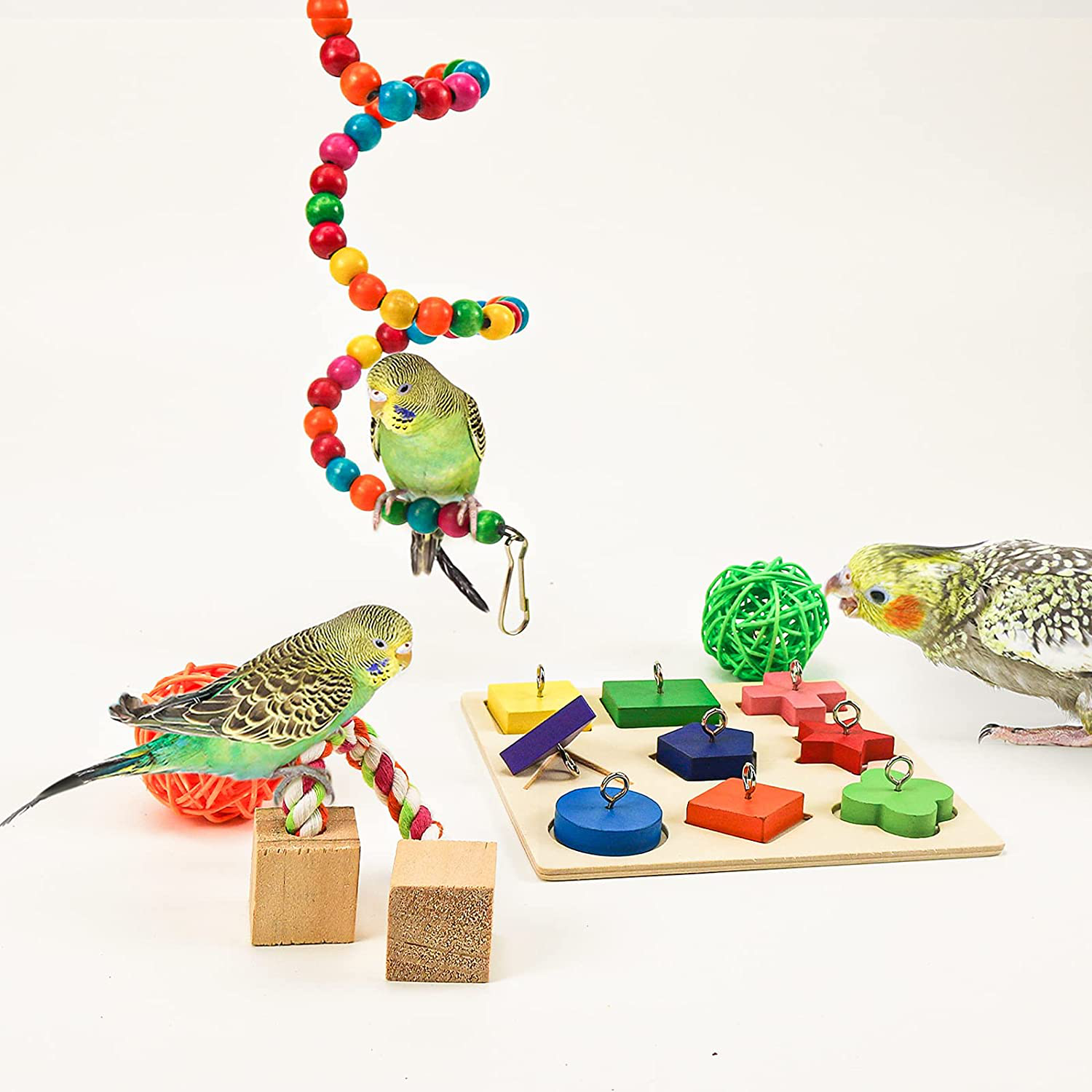 Suruikei 5 Pcs Bird Training Toys, Colorful Wooden Bird Block Puzzle Toy Parrot Swing Perch Wooden Activity Play Gym Exercise Bird Intelligence Toy for Parrots Conure Cockatile Lovebird Budgie Animals & Pet Supplies > Pet Supplies > Bird Supplies > Bird Gyms & Playstands suruikei   