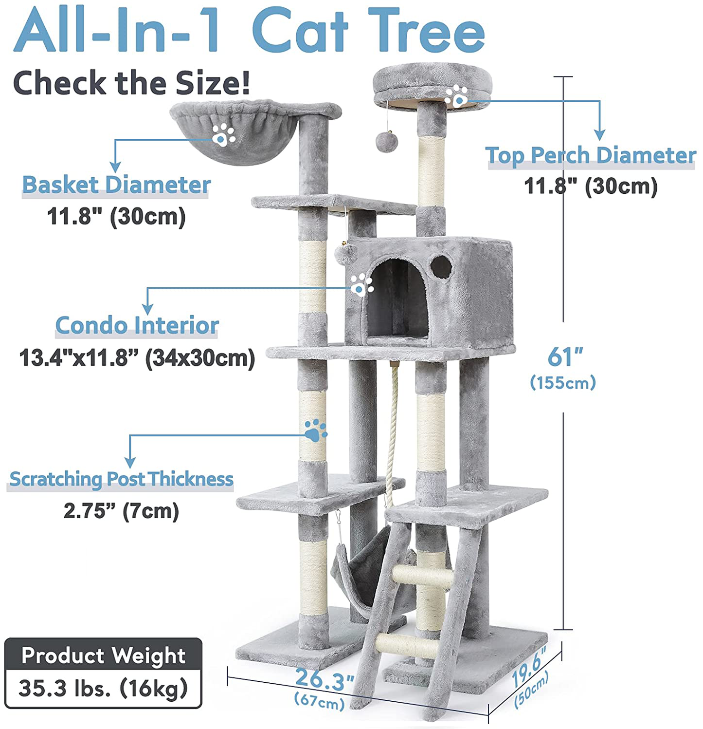 Rabbitgoo Cat Tree Cat Tower 61" for Indoor Cats, Multi-Level Cat Condo with Hammock & Scratching Posts for Kittens, Tall Cat Climbing Stand with Plush Perch & Toys for Play Rest Animals & Pet Supplies > Pet Supplies > Cat Supplies > Cat Furniture rabbitgoo   