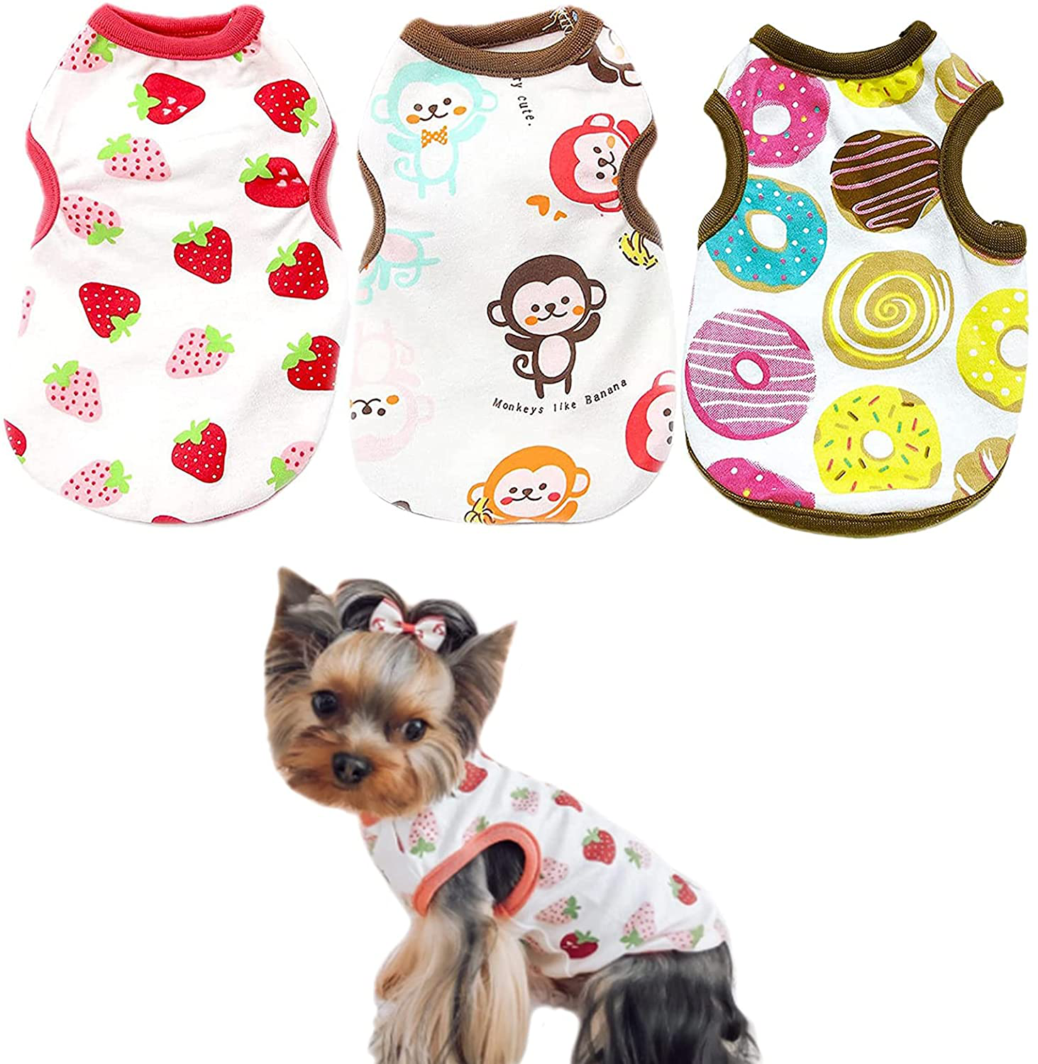 PETCARE 3 Pack Small Dog Shirt Soft Breathable Cotton Pet Puppy Clothes Cat Tee Sleeveless Vest Cute Print T Shirts for Small Breed Dogs Cats Clothing Chihuahua Yorkies Shih Tzu Pomeranian Outfits