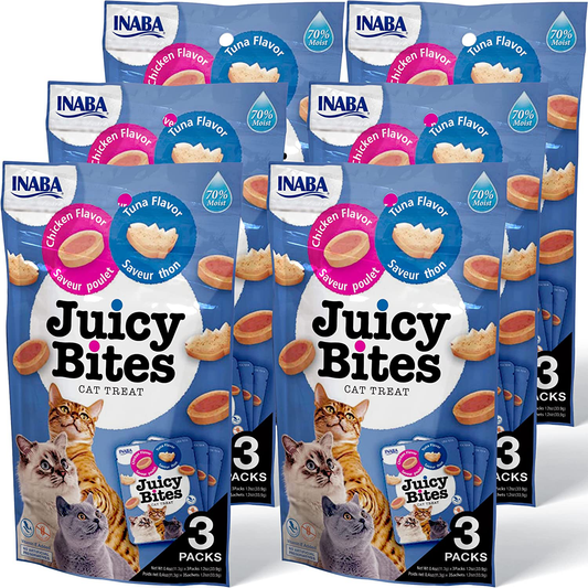 INABA Juicy Bites Grain-Free, Soft, Moist, Chewy Cat Treats with Vitamin E and Green Tea Extract, 0.4 Ounces per Pouch, 18 Pouches (3 per Bag), Tuna and Chicken