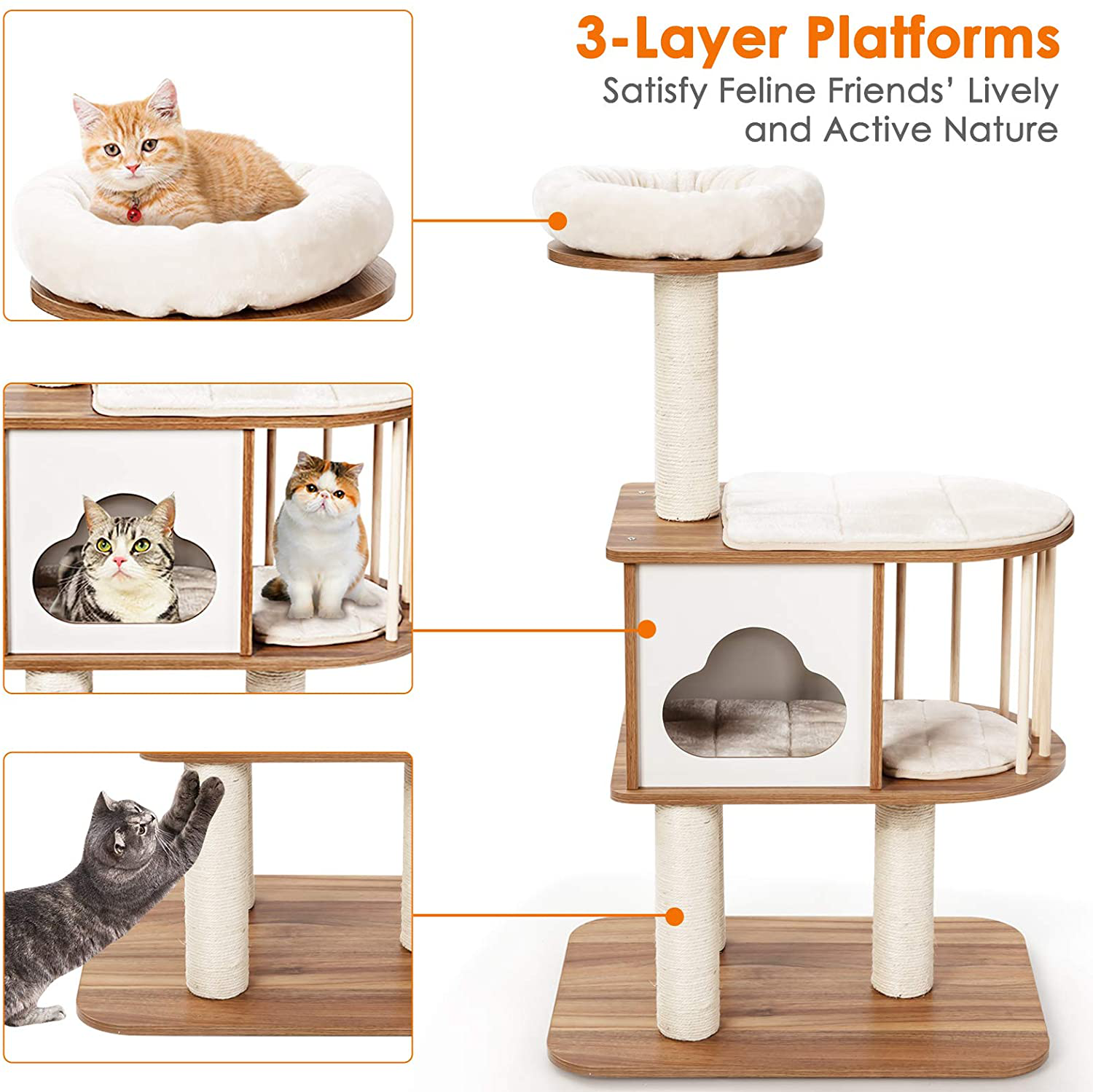 Tangkula Modern Wood Cat Tree, 46 Inches Cat Tower with Platform, Cat Activity Center with Scratching Posts and Washable Cushions, Wooden Cat Condo Furniture for Kittens and Cats Animals & Pet Supplies > Pet Supplies > Cat Supplies > Cat Furniture Tangkula   