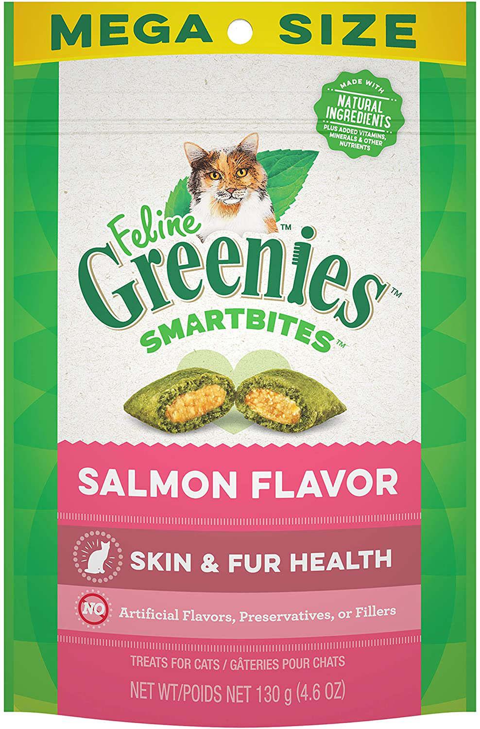 Greenies Feline SMARTBITES Healthy Skin and Fur, Chicken and Salmon Flavors, All Bag Sizes Animals & Pet Supplies > Pet Supplies > Cat Supplies > Cat Treats Greenies Salmon 4.6 Ounce. 