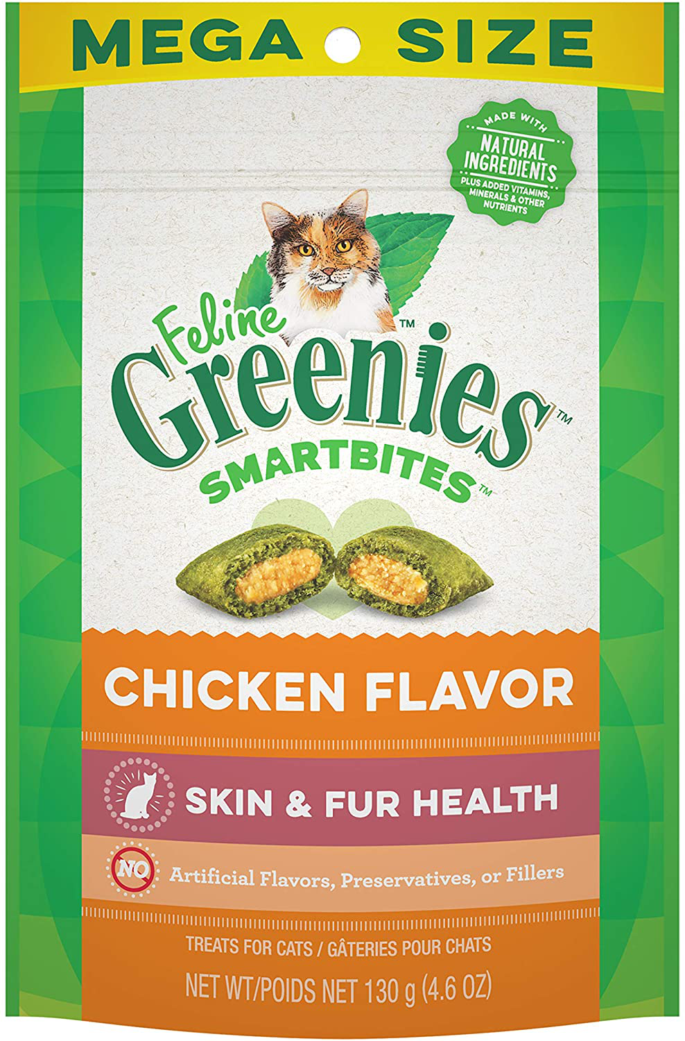 Greenies Feline SMARTBITES Healthy Skin and Fur, Chicken and Salmon Flavors, All Bag Sizes Animals & Pet Supplies > Pet Supplies > Cat Supplies > Cat Treats Greenies Chicken 4.6 Ounce. 