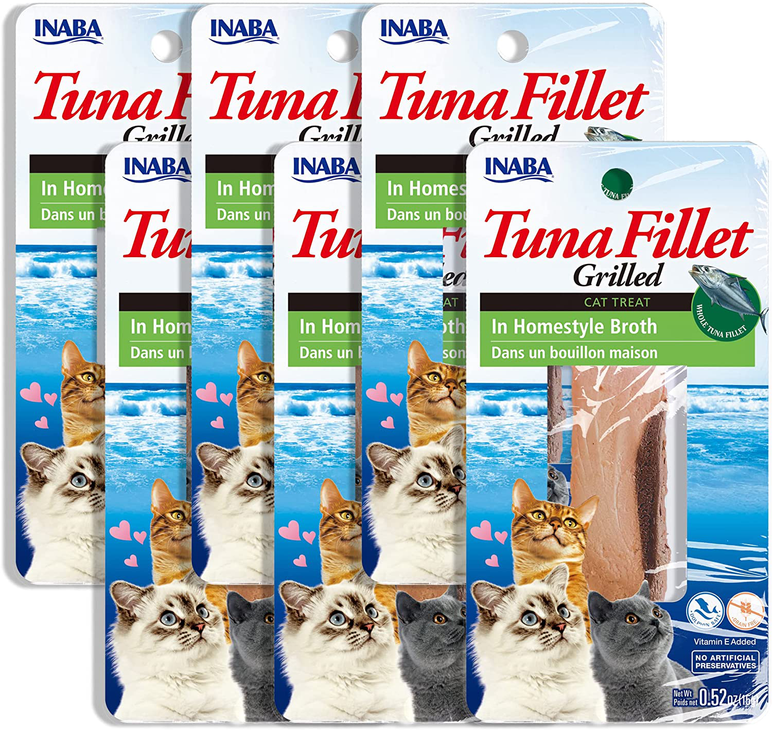 INABA Natural, Premium Hand-Cut Grilled Tuna Fillet Cat Treats/Topper/Complement with Vitamin E and Green Tea Extract, 0.52 Ounces Each, Pack of 6, Homestyle Broth