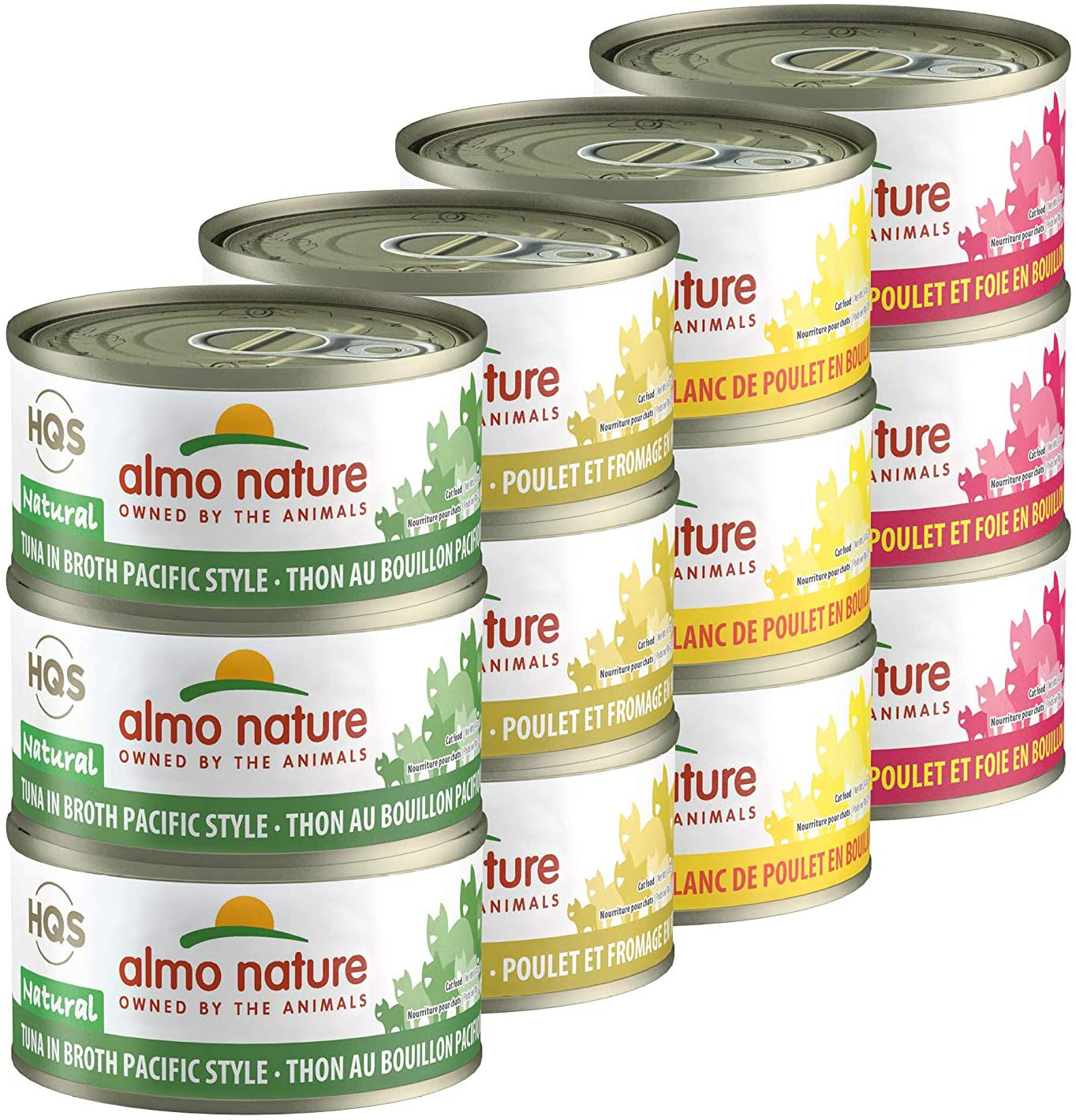 Almo Nature HQS Natural Variety Pack Grain Free, Additive Free Recipes, Pacific Tuna(6); Chicken & Cheese (6); Chicken Breast (6); Chicken & Liver (6), Adult Cat Canned Wet Food, Shredded