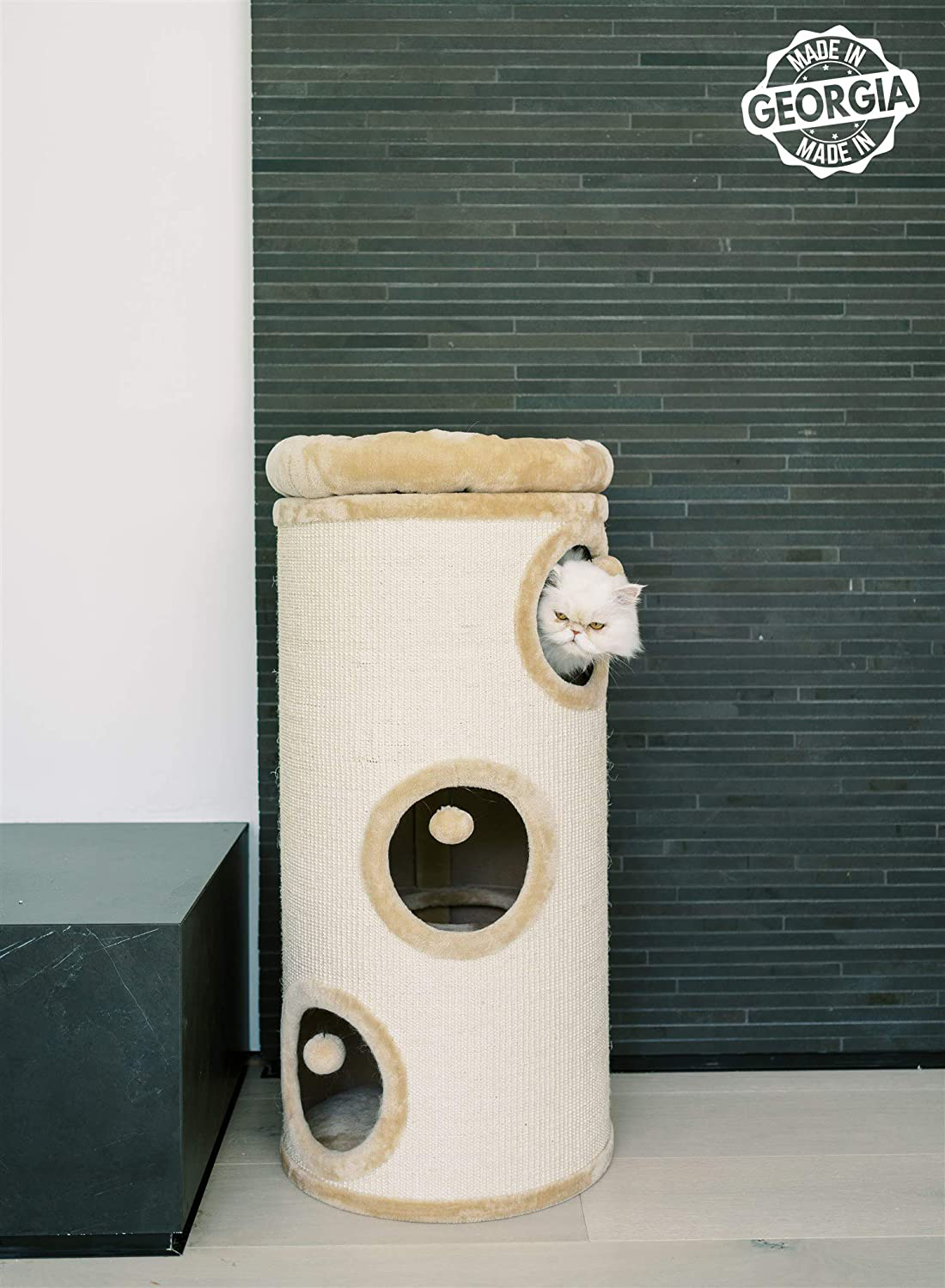 PAWMONA 37" 3 Story Cat Tree Condo Barrel Tower - Natural Sisal-Covered Scratch Cat Tree Barrel with Top High Edge Removable Snuggle Bed - Machine Washable - Made in Georgia Animals & Pet Supplies > Pet Supplies > Cat Supplies > Cat Furniture PAWMONA   