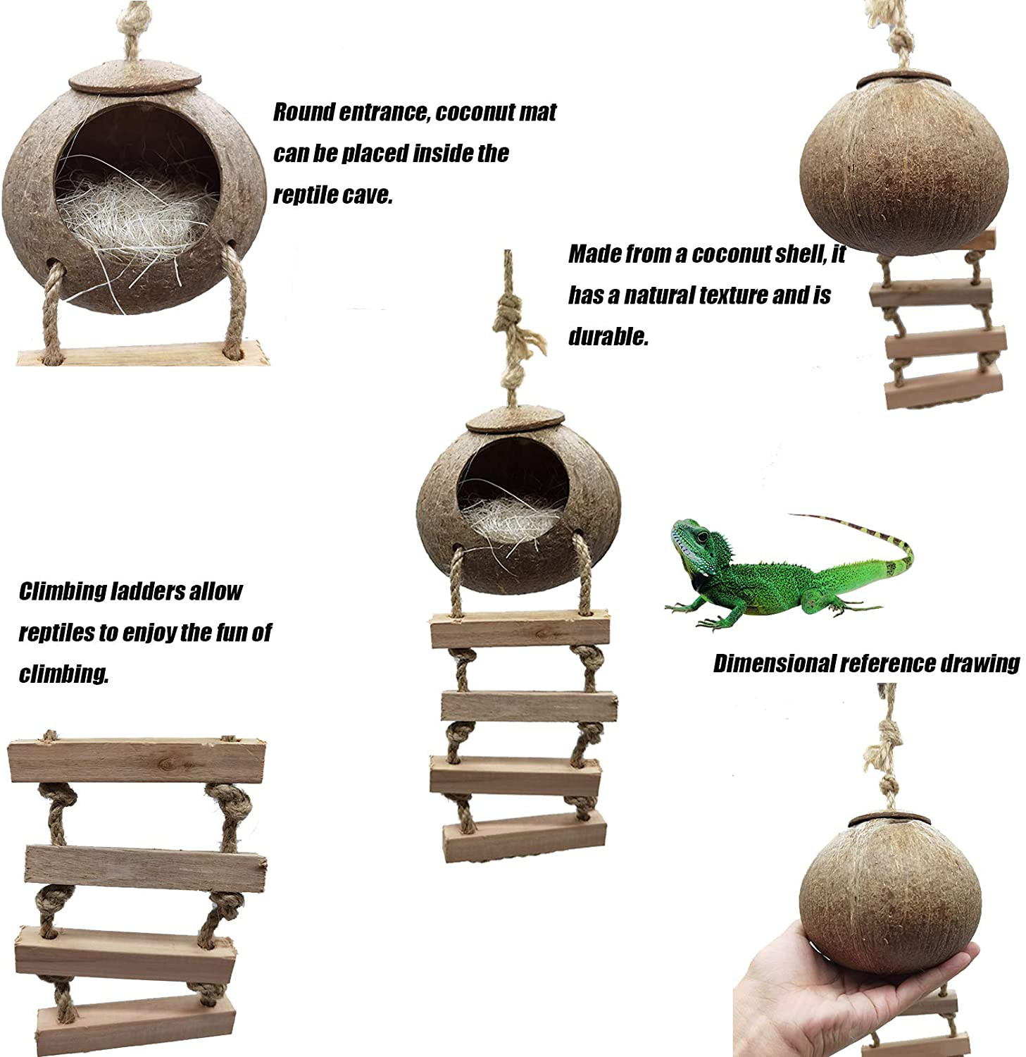 Tfwadmx Reptile Hide Coconut with Ladder,Natural Gecko Hanging Hideout Cave Hut Climbing Jungle Vine Flexible Reptile Leaves with Coconut Fiber for Turtle Beared Dragon Spider Lizard Frog Chameleon. Animals & Pet Supplies > Pet Supplies > Reptile & Amphibian Supplies > Reptile & Amphibian Habitats Tfwadmx   