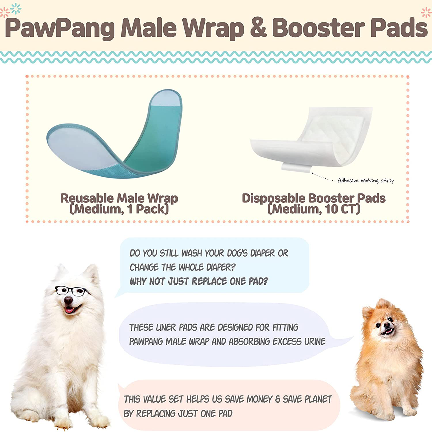 PAWPANG Reusable Air Mesh Male Dog Wrap (1 Pack) with Disposable Dog Diaper Liners Booster Pads (10Ct) | Washable Puppy Nappies Wrap | Pet Belly Band