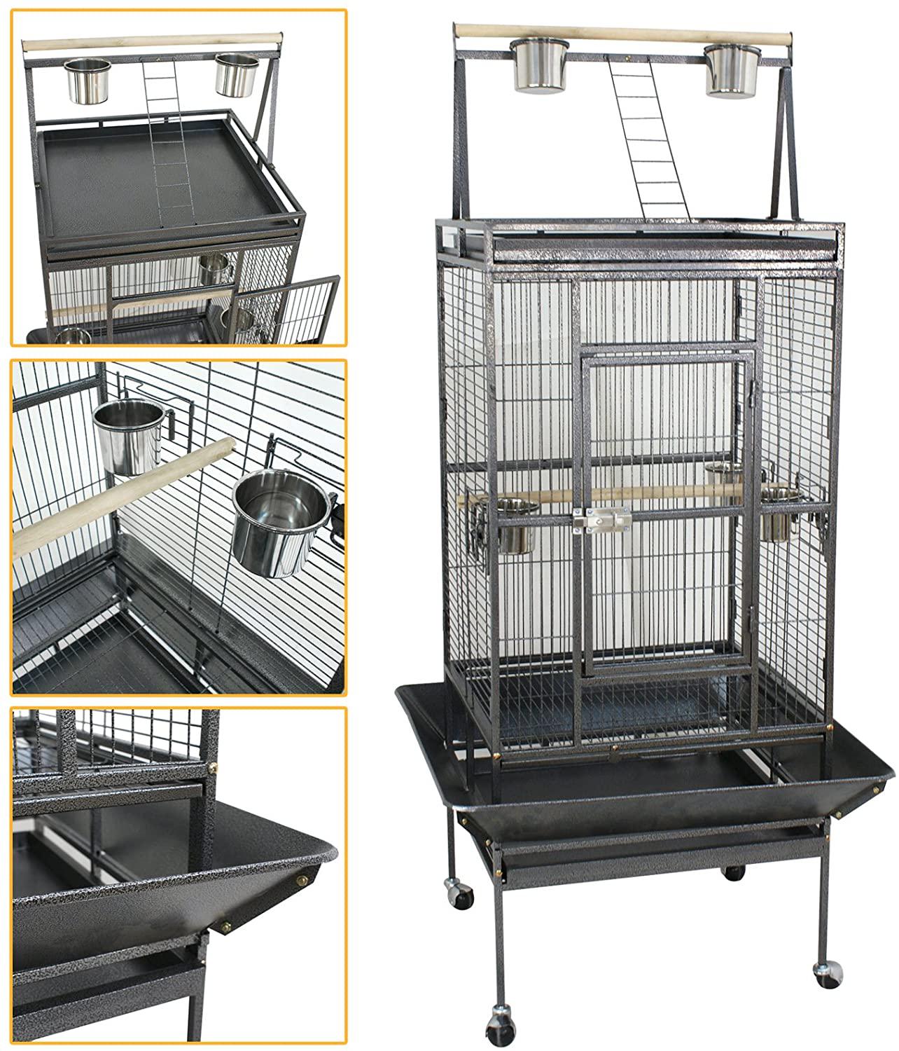 SUPER DEAL PRO 68’’ 2In1 Large Bird Cage with Rolling Stand Parrot Chinchilla Finch Cage Macaw Conure Cockatiel Cockatoo Pet House Wrought Iron Birdcage, Black Animals & Pet Supplies > Pet Supplies > Bird Supplies > Bird Cages & Stands SUPER DEAL   