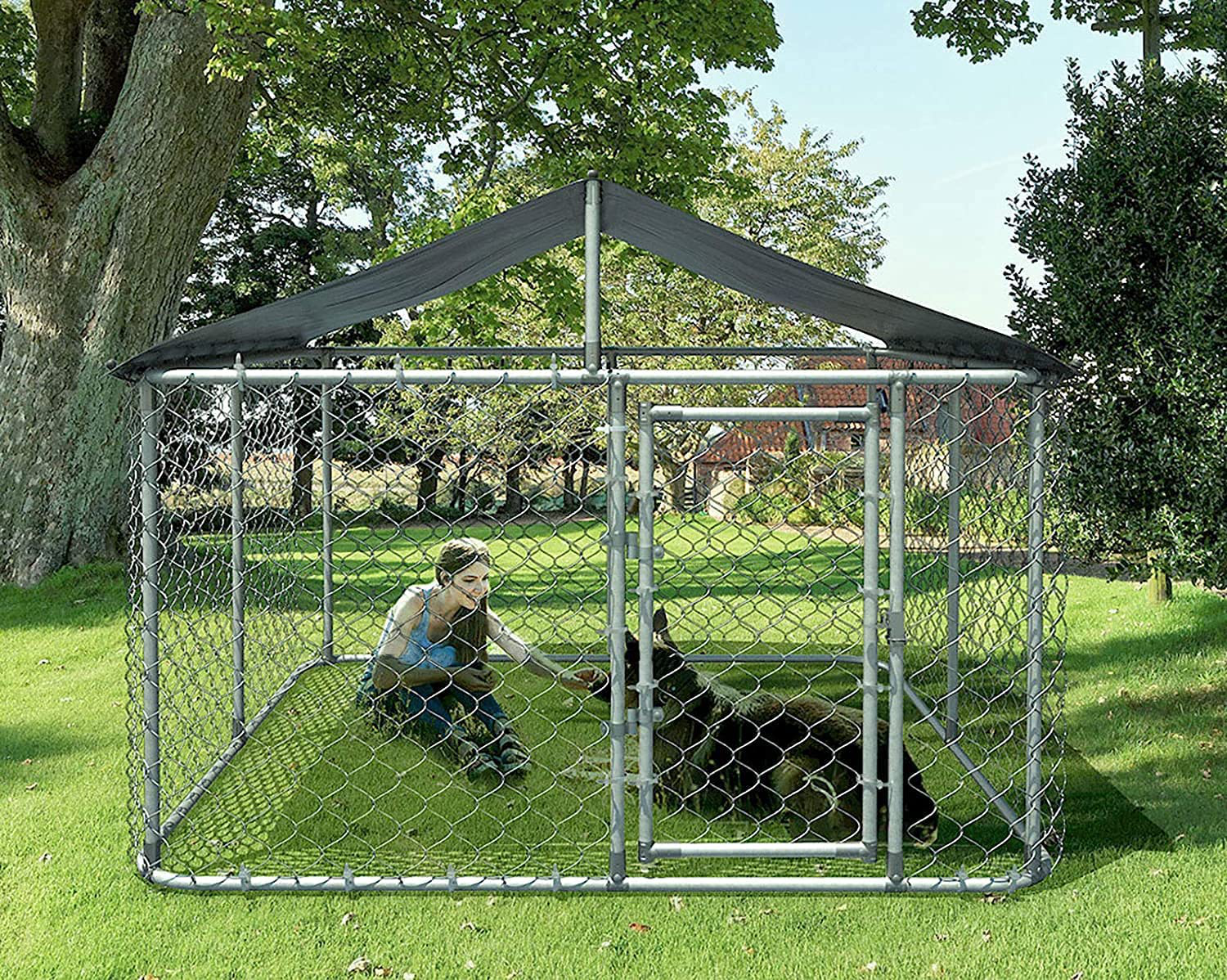 Kullavik Dog Kennel Outdoor with Heavy Duty Galvanized Chain Link Dog Cage Chicken Coop Hen House, UV & Water Resistant Black Proof Cover