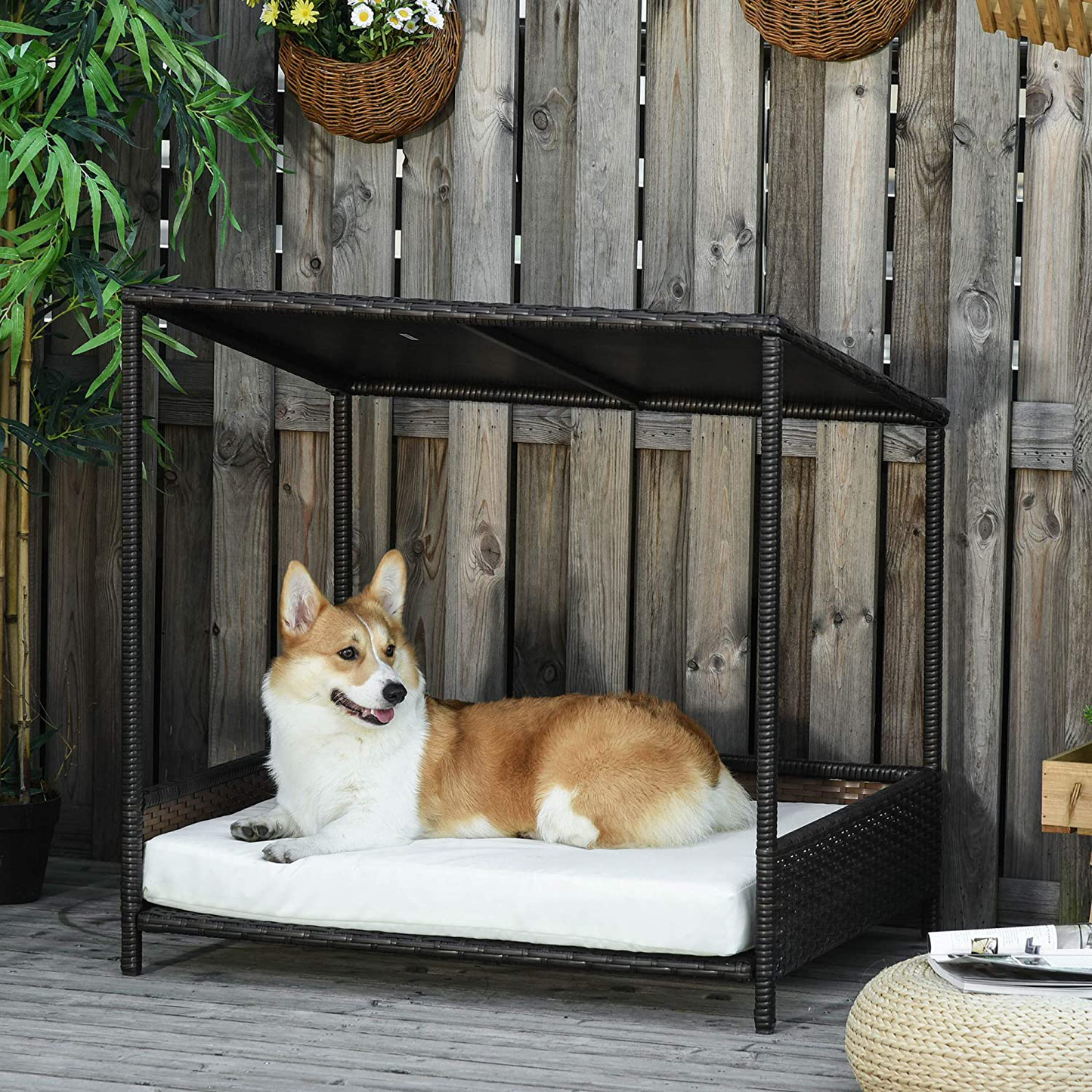 Pawhut Wicker Dog House Raised Rattan Dog Cat Bed for Indoor Outdoor Garden Patio Pet Sofa with Cushion Medium Sized Pet Brown Animals & Pet Supplies > Pet Supplies > Dog Supplies > Dog Houses Aosom LLC   