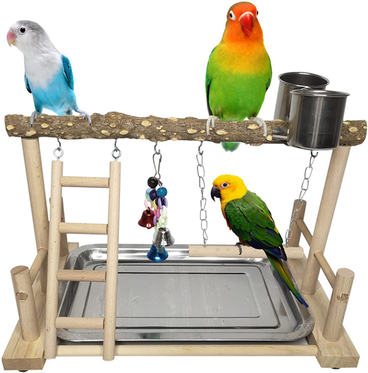 PINVNBY Bird Playground Parrot Playstand Birds Play Stand Wood Exercise Perch Gym Stand Playpen Ladder with Feeder Cups Hanging Swing Toys for Parakeet Conure Cockatiel Budgie Cage Accessories