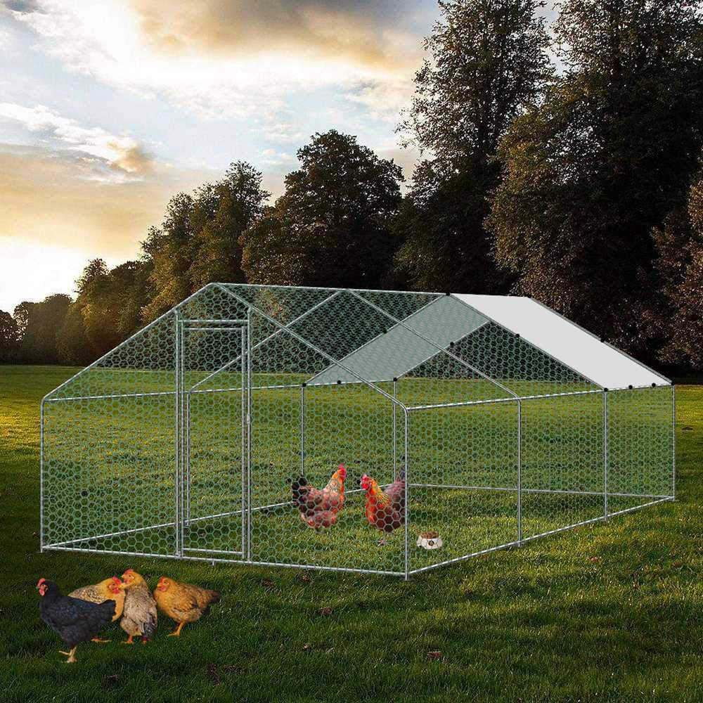 Large Chicken Coop Walk-In Metal Poultry Cage House Rabbits Habitat Cage Spire Shaped Coop with Waterproof and Anti-Ultraviolet Cover for Outdoor Backyard Farm Use (9.8' L X 19.7' W X 6.56' H)