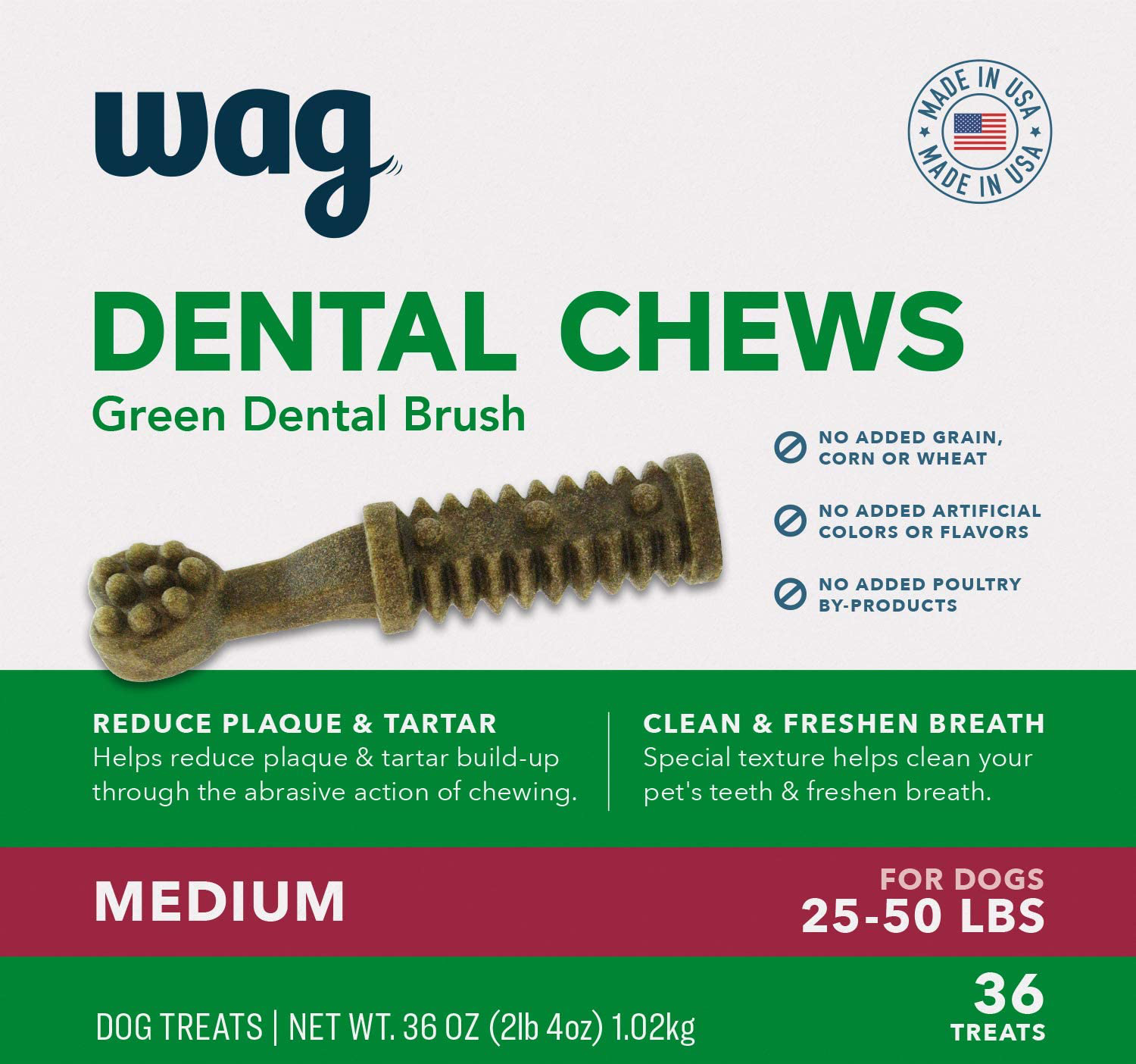 Amazon Brand - Wag Dental Dog Treats to Help Clean Teeth & Freshen Breath Animals & Pet Supplies > Pet Supplies > Dog Supplies > Dog Treats WAG Medium Size (25-50 lb. dogs)  