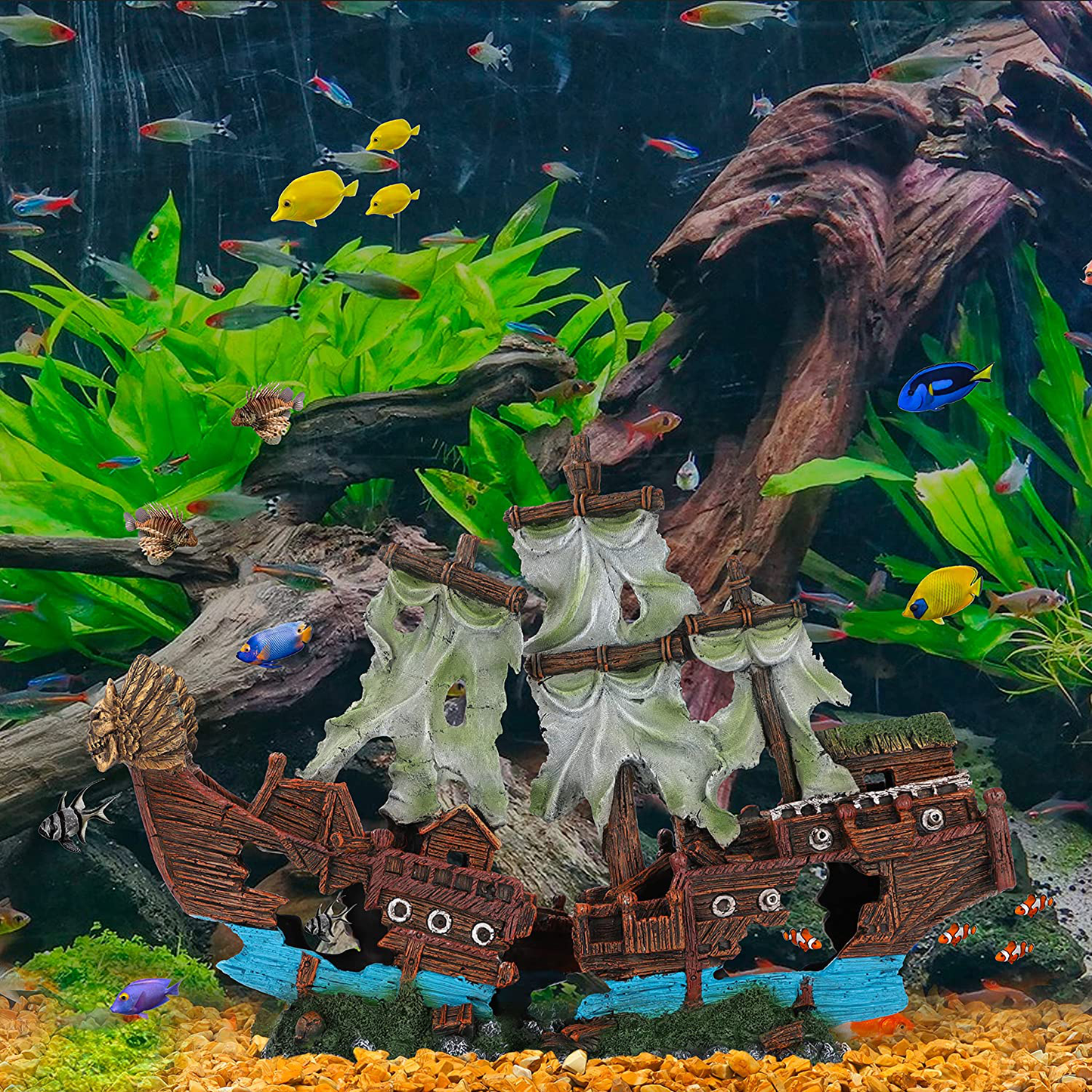 UNEAK - Large Shipwreck Aquarium Decorations Ornament W/ Sail (2 Pieces) 20 Gallons High and Larger Fish Tank, Sunken Ship Decoration Ornaments, Pirate Boat, Resin, Freshwater Saltwater Decor Animals & Pet Supplies > Pet Supplies > Fish Supplies > Aquarium Decor UNEAK   