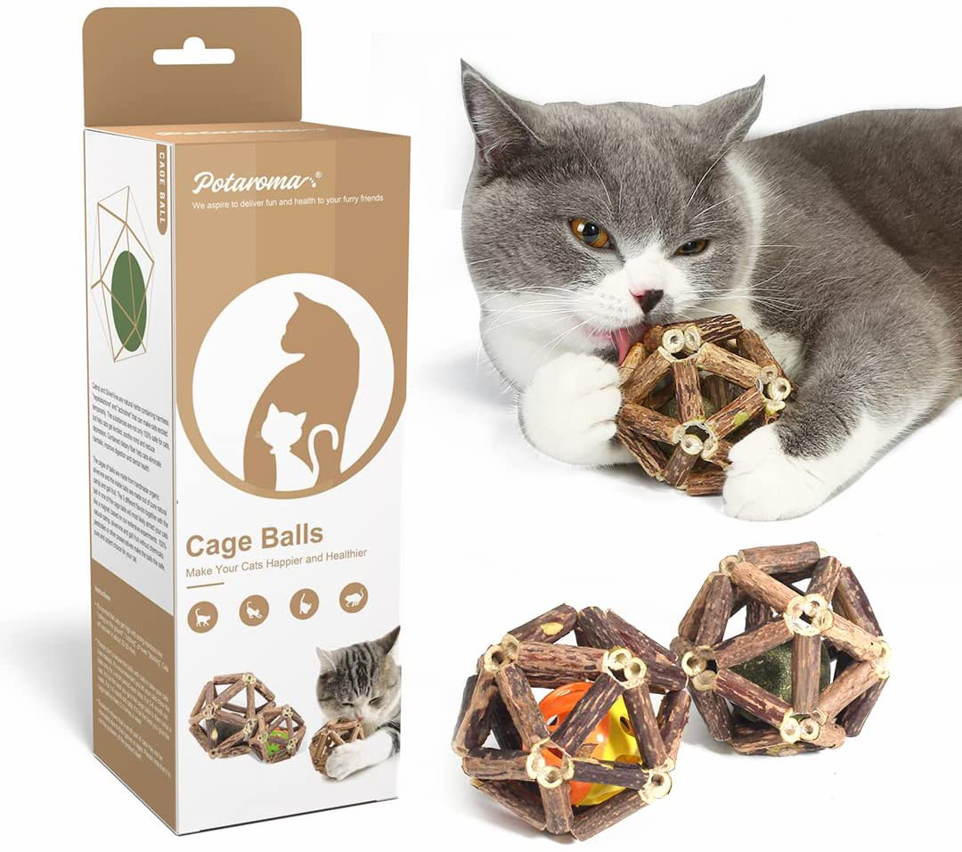 Potaroma Silvervine Stick Cage Balls, Edible for Cats, Catnip Gall Fruit Bell Balls, Catmint Toys for Indoor Kitty, Dental Cat Toy for Teeth Cleaning, Matatabi Cat Chew Toy for Kitten Lick Animals & Pet Supplies > Pet Supplies > Cat Supplies > Cat Toys Potaroma 3 Cage Balls (2.4")  