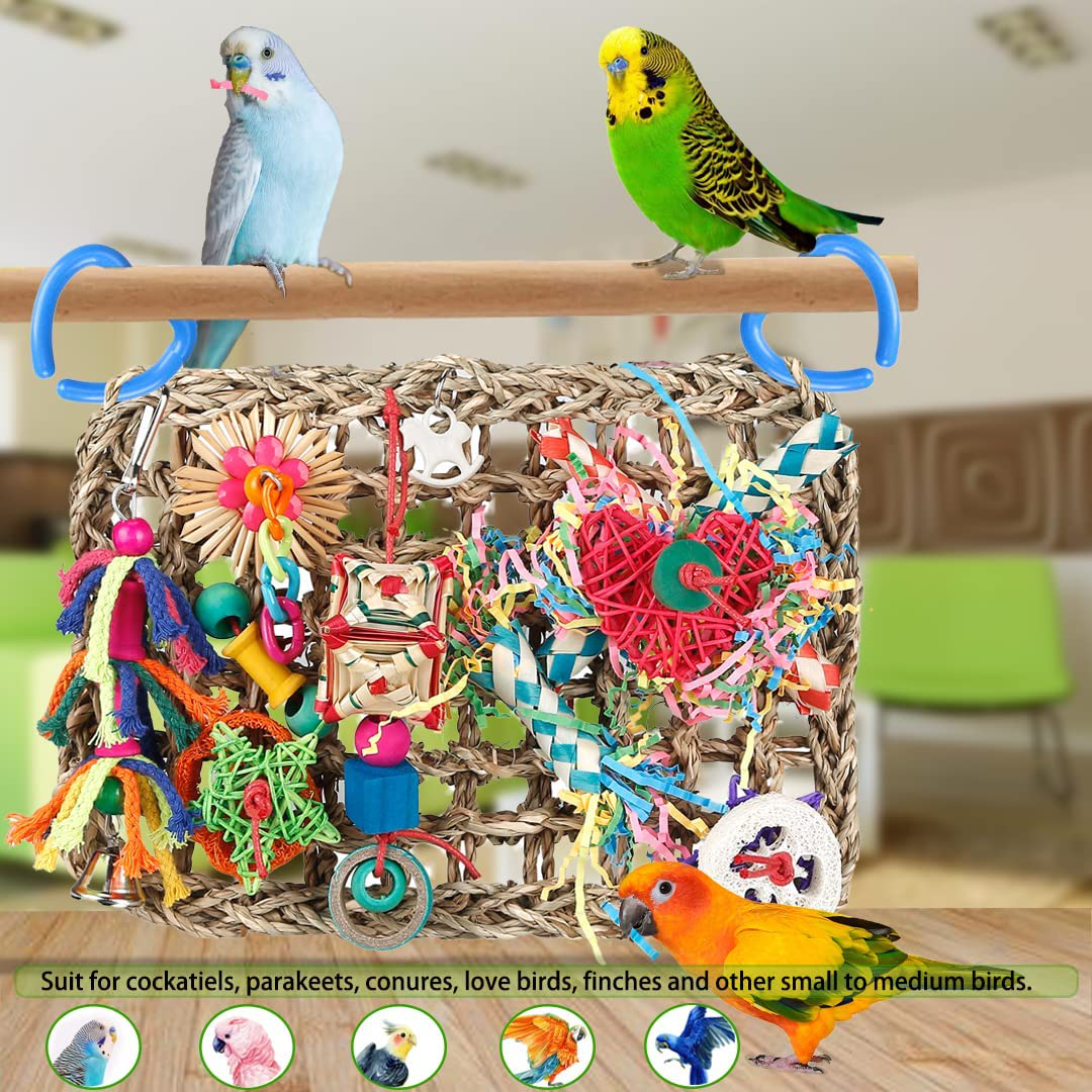 Bbjinronjy Bird Toys for Parakeets Cockatiels Conures Climbing Hammock with Colorful Bird Chew Toys Shredding Toy Seagrass Foraging Activity Wall