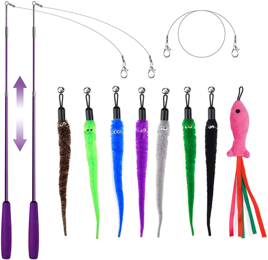 Retractable Cat Toy Wand, 11 Packs Interactive Cat Feather Toys, 7 Worms and 1 Fish Teaser Assorted Cat Teaser Refills with Bell, Include 1 Replacement Line, Fun Toy for Cat Exercise Animals & Pet Supplies > Pet Supplies > Cat Supplies > Cat Toys ZeyZoo   