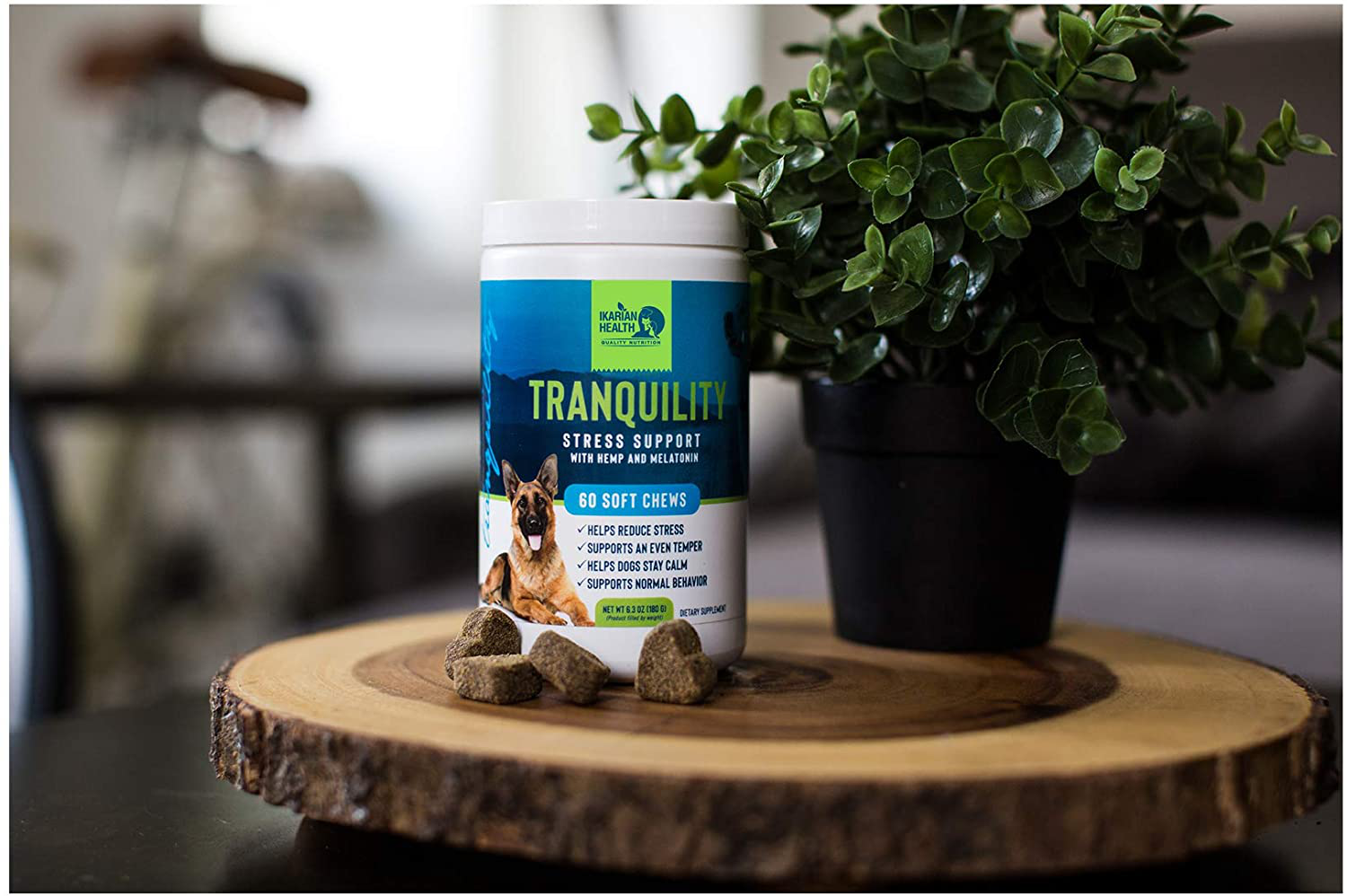 Ikarian Health - Tranquility Calming Aid for Dogs - Hemp, Melatonin, Chamomile, Passion Flower - Composure Anxiety and Stress Support for Travel, Fireworks, Separation or Storms - 60 Soft Chew Treats Animals & Pet Supplies > Pet Supplies > Small Animal Supplies > Small Animal Treats Ikarian Health   