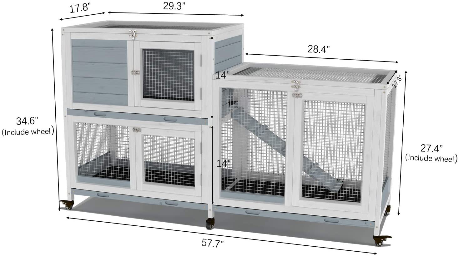 GDLF Two Floors 58" Wooden Indoor Bunny Hutch Rabbit Cage on Wheels Guinea Pig PET House for Small to Medium Animals Waterproof No Leak Tray Animals & Pet Supplies > Pet Supplies > Small Animal Supplies > Small Animal Habitats & Cages GDLF   