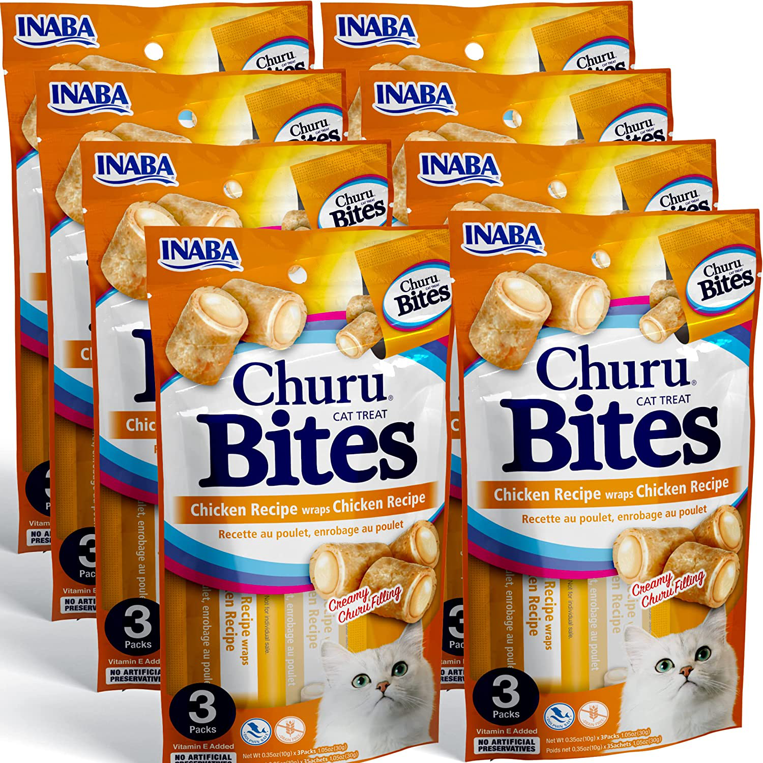 INABA Churu Bites for Cats, Grain-Free, Soft/Chewy Baked Chicken Wrapped Churu Filled Cat Treats with Vitamin E, 0.35 Ounces Each Tube| 24 Tubes Total (3 per Pack) Animals & Pet Supplies > Pet Supplies > Cat Supplies > Cat Treats INABA Chicken  