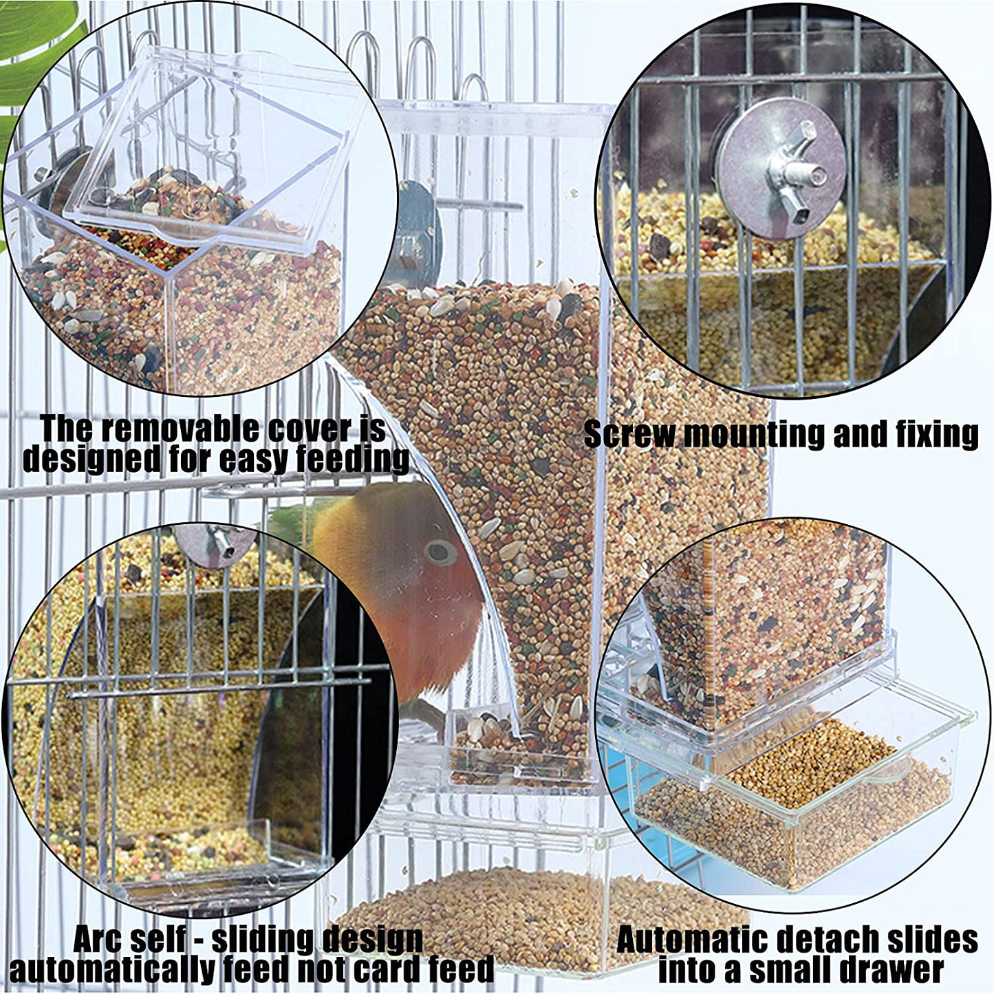 Hamiledyi No Mess Bird Cage Feeder Automatic Parrot Seed Feeders with Perch Acrylic Transparent Seed Food Container Cage Accessories for Small and Medium Parakeets Cockatiels Lovebirds Animals & Pet Supplies > Pet Supplies > Bird Supplies > Bird Cage Accessories Hamiledyi   