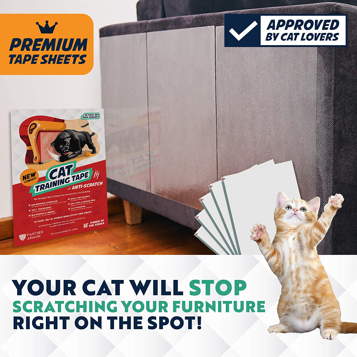Panther Armor 10(Ten)-Pack Cat Scratch Deterrent Tape – Double Sided anti Cats Scratching Sticky Tape – 5-Pack XL 16”L 12”W + 5-Pack Large 17”L 10”W Furniture Protectors – Clear Training Tape