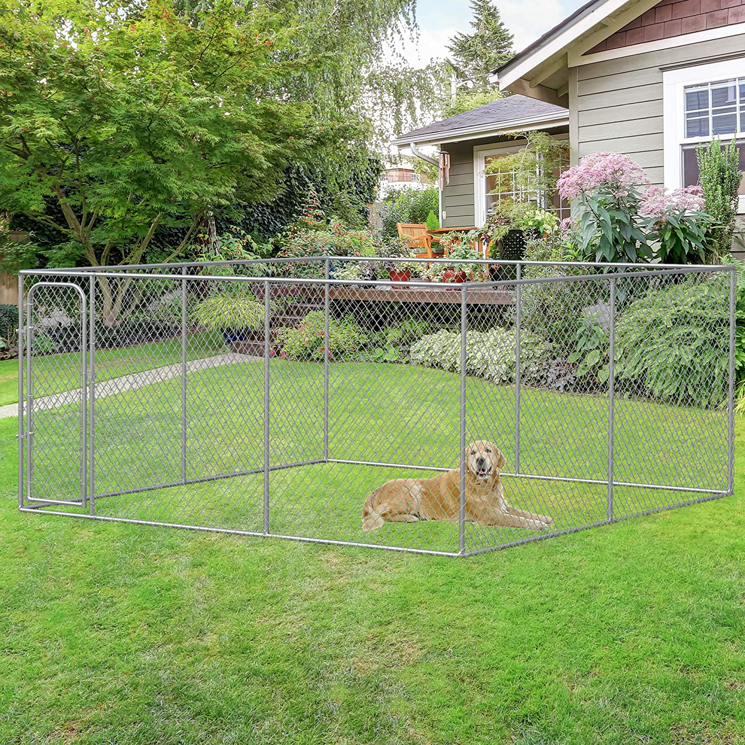 Pawhut Outdoor Dog Kennel Galvanized Chain Link Fence Heavy Duty Pet Run House Chicken Coop with Secure Lock Mesh Sidewalls for Backyard Garden Silver