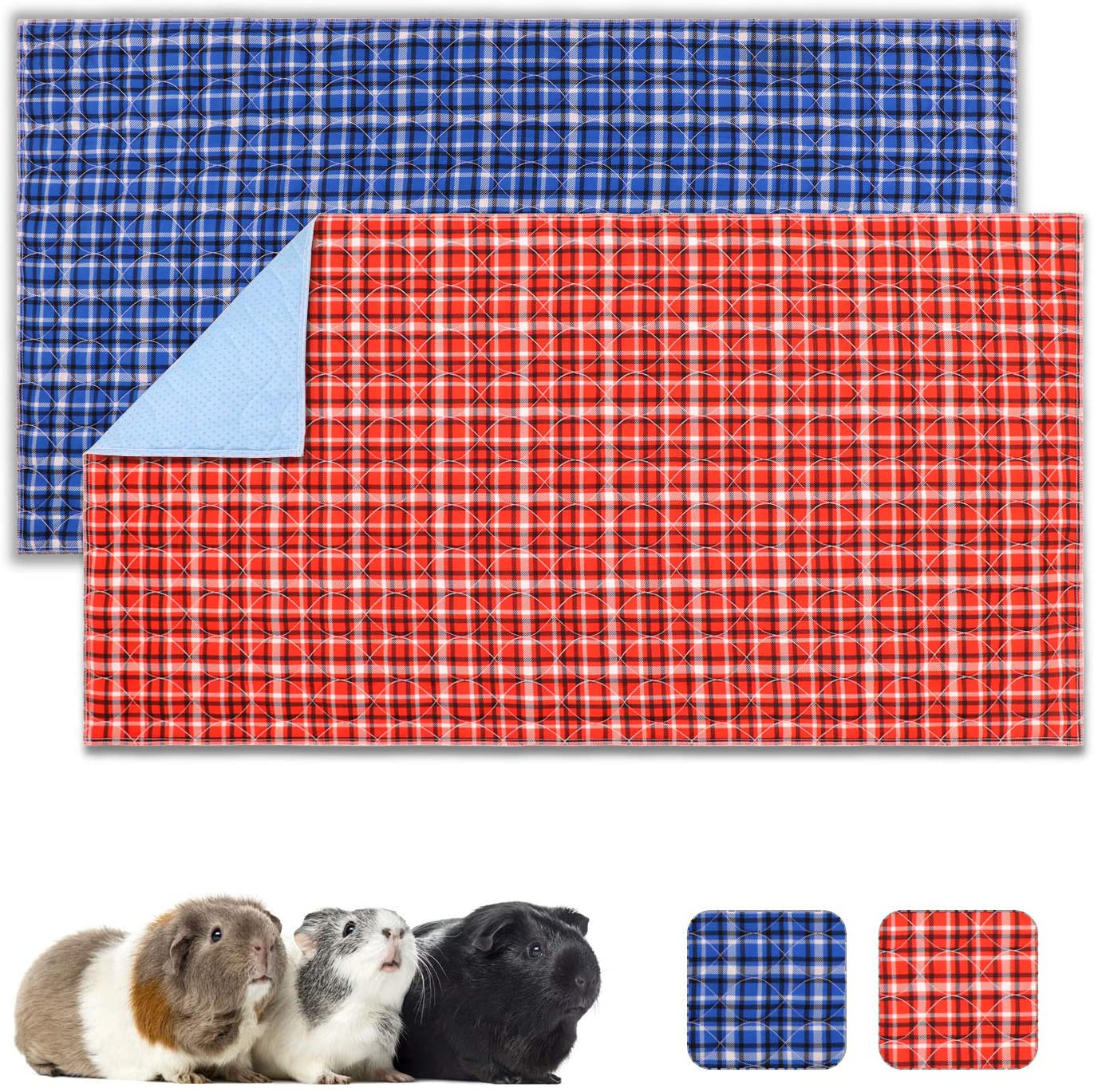 Uteuvili 2 PCS Guinea Pig Cage Liners Guinea Pig Bedding Washable Waterproof Reusable anti Slip Super Absorbent Pee Pads for Small Animals (Red&Blue Plaid 24"X 47")