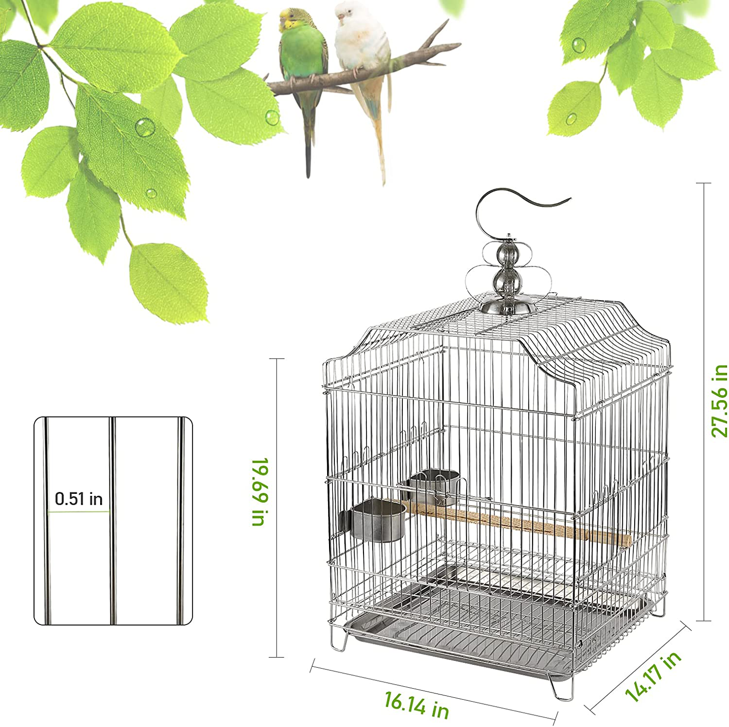 Lilithye Large Stainless Steel Parakeet Bird Cage 30 Inch Height Hanging Parrot Bird Cages with Stand for Cockatiels African Grey Quaker Parakeets Conures Pigeons Flight Perches Birdcage Animals & Pet Supplies > Pet Supplies > Bird Supplies > Bird Cages & Stands Lilithye   