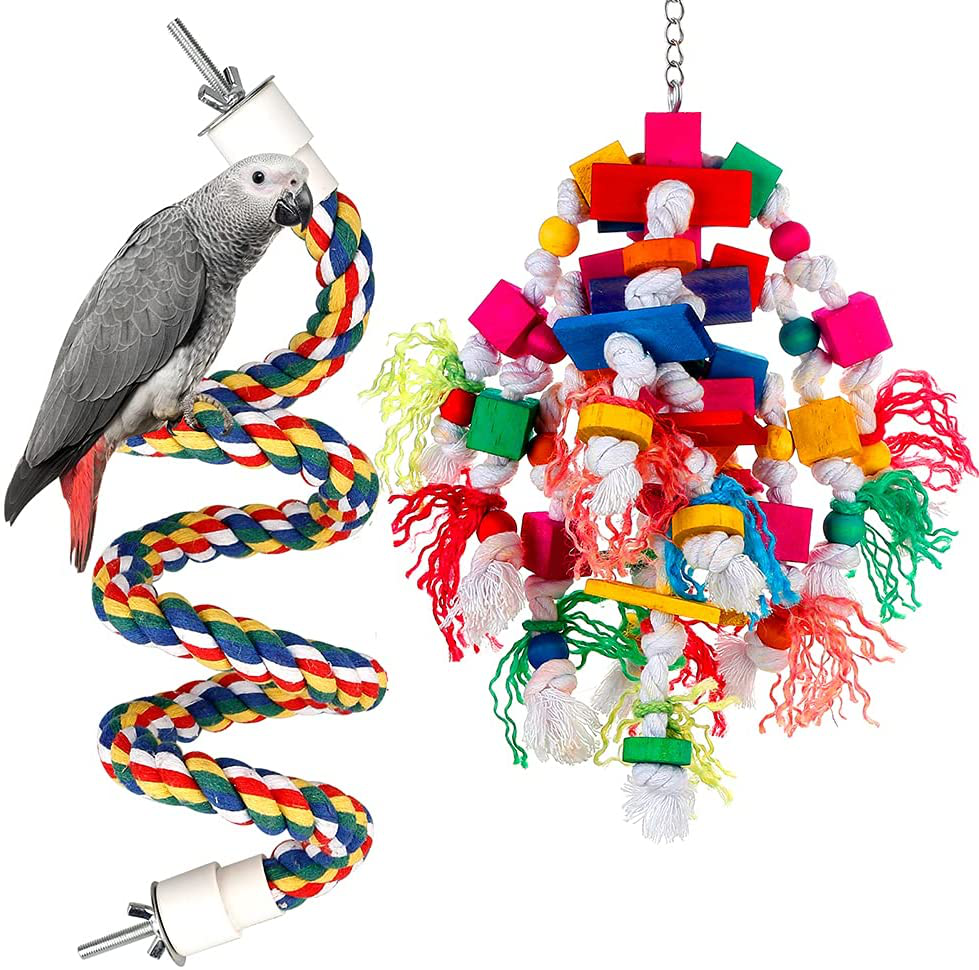 Parrot Toys for Large Birds Rope Perches for Parrots Bird Toys Bird Cage Accerises Tearing Chewing Toys for Cockatoos,Macaw,African Grey,Conure,Amazon Parrots and Other Medium to Large Birds Wooden Animals & Pet Supplies > Pet Supplies > Bird Supplies > Bird Toys BBjinronjy   