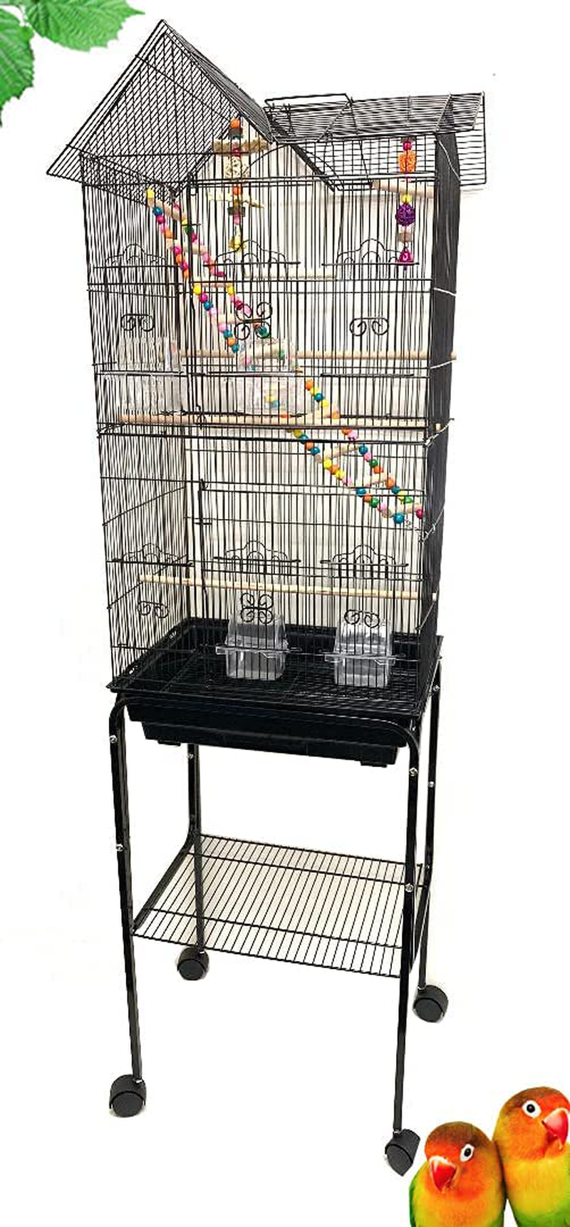 Mcage Large Canary Parakeet Cockatiel Lovebird Finch Roof Top Bird Cage with Stand -18"X14"X63" Animals & Pet Supplies > Pet Supplies > Bird Supplies > Bird Cages & Stands Mcage Black With TOY  