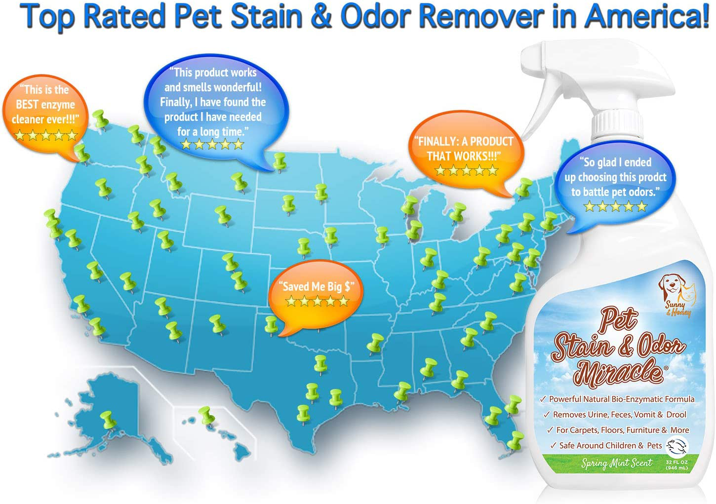 Pet Stain & Odor Miracle - Enzyme Cleaner for Dog Urine Cat Pee Feces Vomit, Enzymatic Solution Cleans Carpet Rug Car Upholstery Couch Mattress Furniture, Natural Eliminator (S/M 32FL OZ) Animals & Pet Supplies > Pet Supplies > Cat Supplies > Cat Furniture Sunny & Honey   