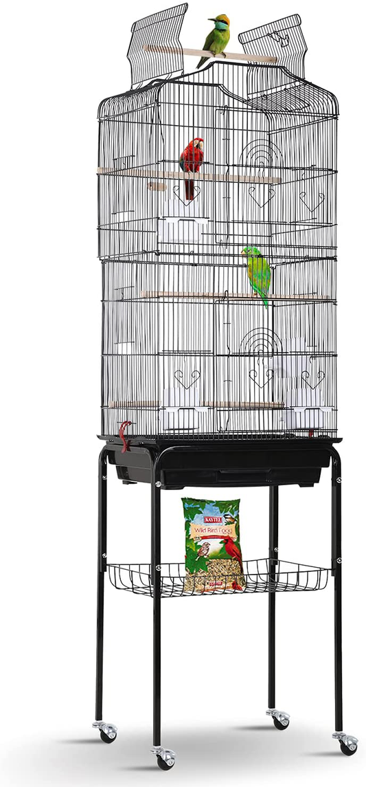 HCY Open Top Standing Bird Cage 64 Inch with Rolling Stand for Parakeets Cockatiel Parrots Lovebirds Medium Small Bird Cage Animals & Pet Supplies > Pet Supplies > Bird Supplies > Bird Cages & Stands HCY Black  