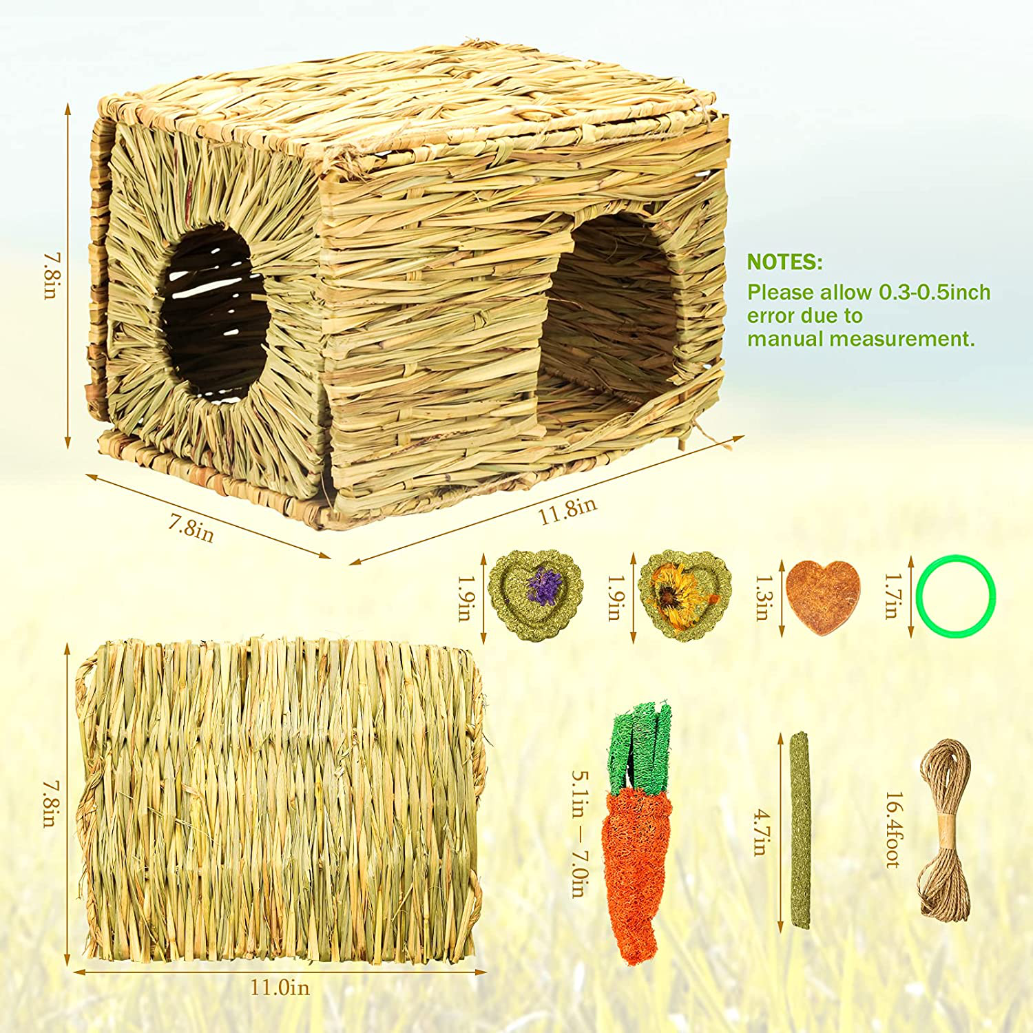 NC Rabbit Grass House, Hand Weave Bunny Hideout Natural Small Animals Habitats Foldable Grass Hut with Hamster Chew Toys Guinea Pig Pads for Bunny Chinchilla and Other Small Animals Play Animals & Pet Supplies > Pet Supplies > Small Animal Supplies > Small Animal Habitats & Cages N\C   