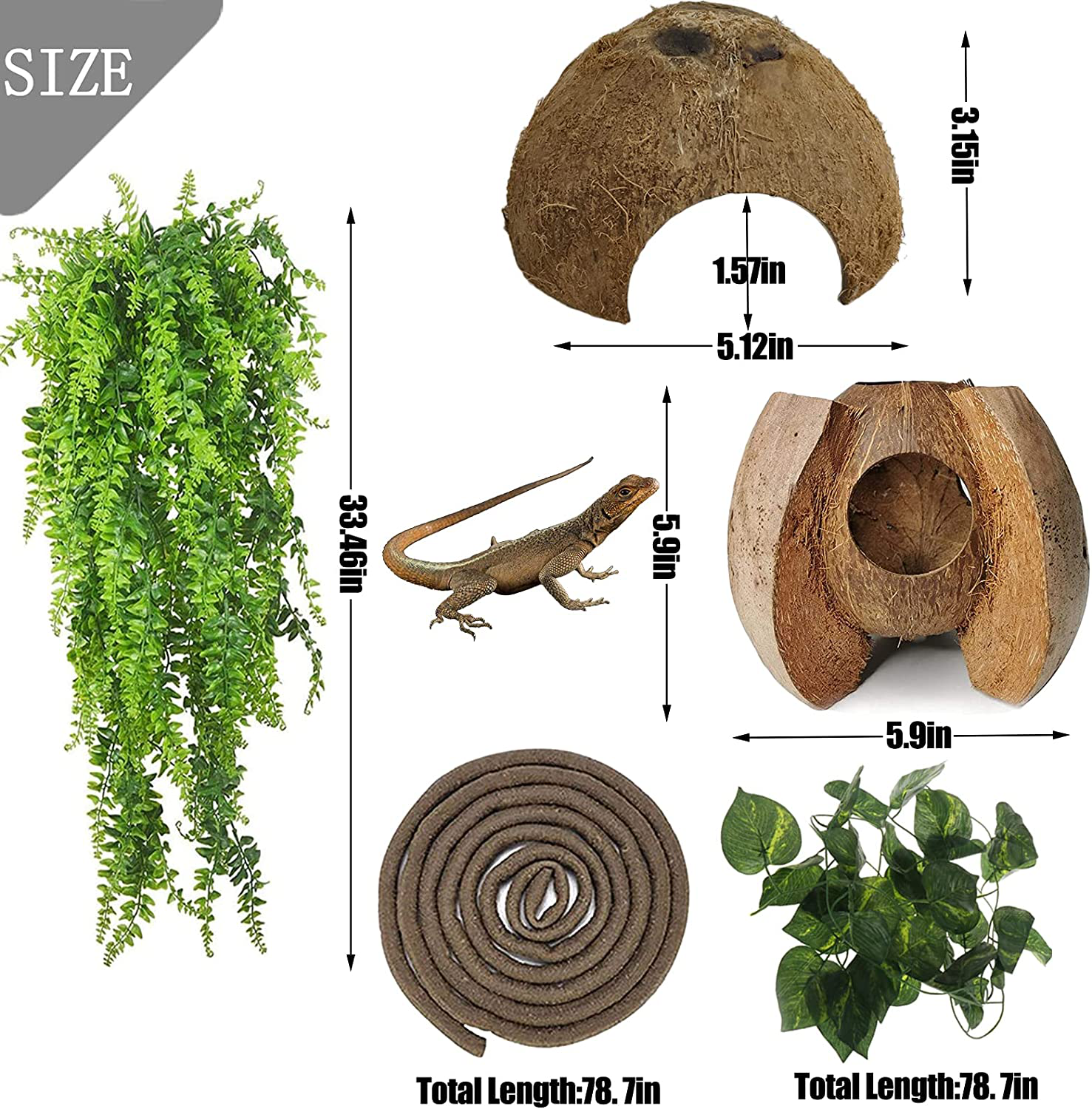 Hamiledyi Reptile Coconut Shell Hideout 5 Pack Lizard Coco Hut Durable Cave Habitat Jungle Climber Vines Flexible Plants Gecko Tank Accessories Decor for Chameleons Spiders Snakes Climbing Toys Animals & Pet Supplies > Pet Supplies > Small Animal Supplies > Small Animal Habitat Accessories Hamiledyi   