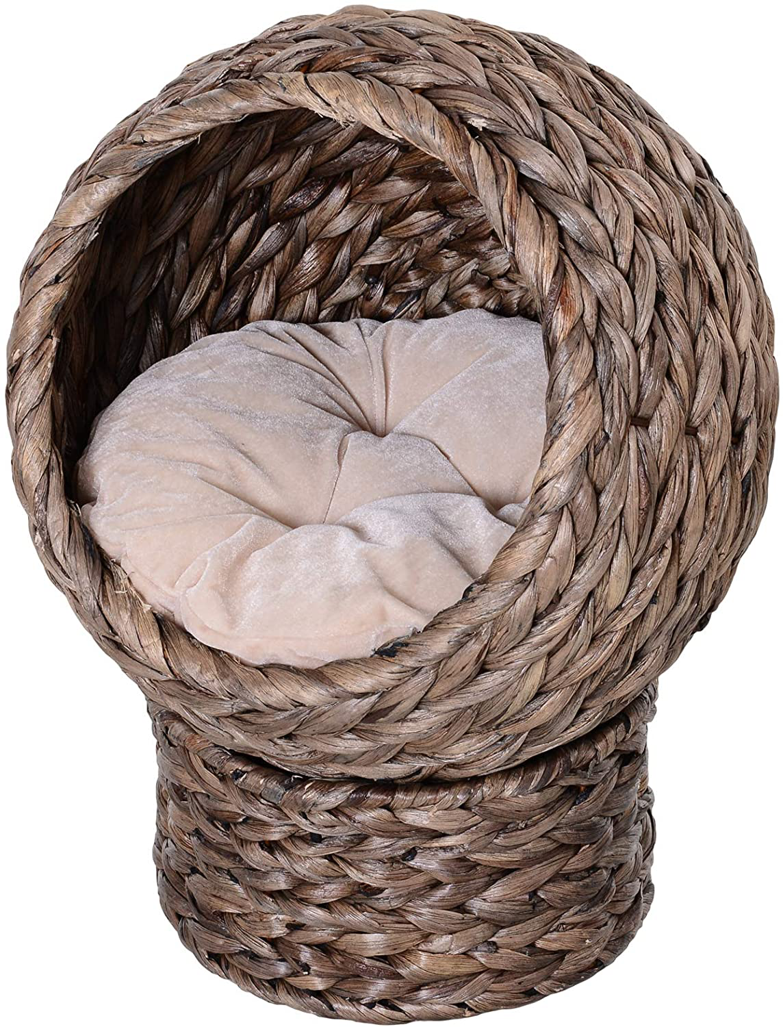 Pawhut 20" Natural Braided Banana Leaf Elevated Cat Bed Basket with Cushion