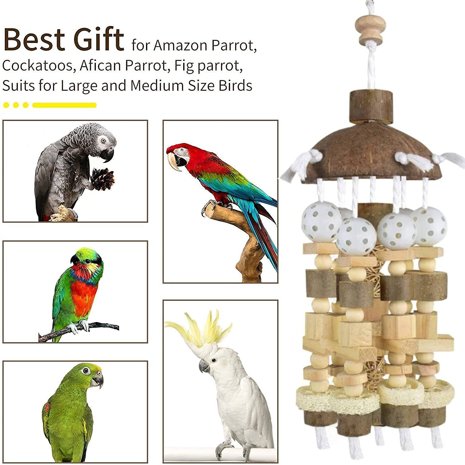 Aupipiroo Large Bird Parrot Toy Natural Wooden Blocks Bird Parrot Chewing Toy Parrot Cage Bite Toy for Cockatoos African Grey Macaws and Amazon Parrots Large Medium Parrots