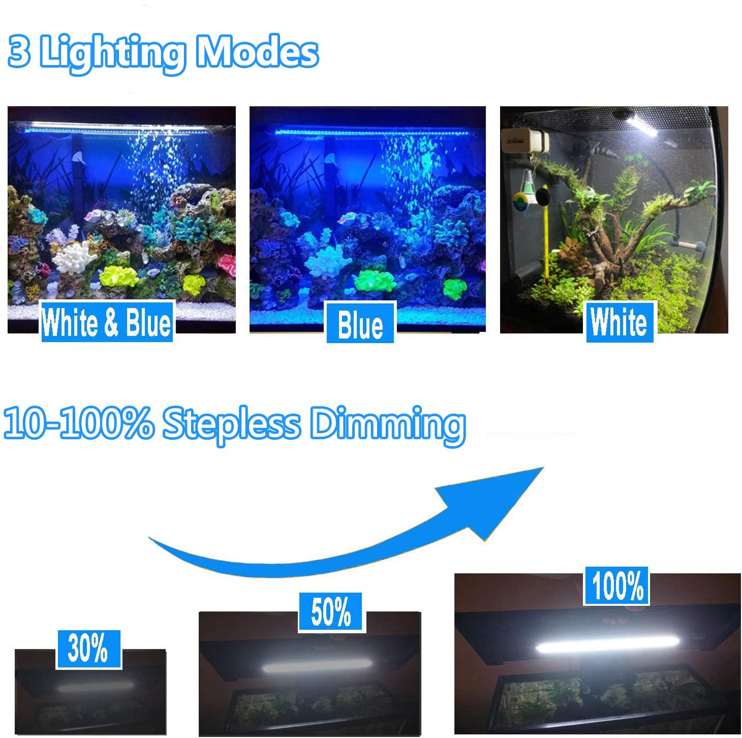 Mingdak Submersible LED Aquarium Light,Fish Tank Light with Timer Auto On/Off, White & Blue LED Light Bar Stick for Fish Tank, 3 Light Modes Dimmable,8W,15 Inch