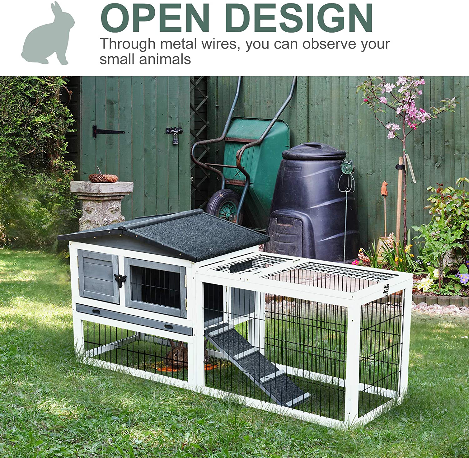 Pawhut Fir Wood Rabbit Hutch with 2 Story Design, Bunny Cage Run with Patio, Asphalt Roof and Pull Out Tray, Grey Animals & Pet Supplies > Pet Supplies > Small Animal Supplies > Small Animal Habitats & Cages PawHut   