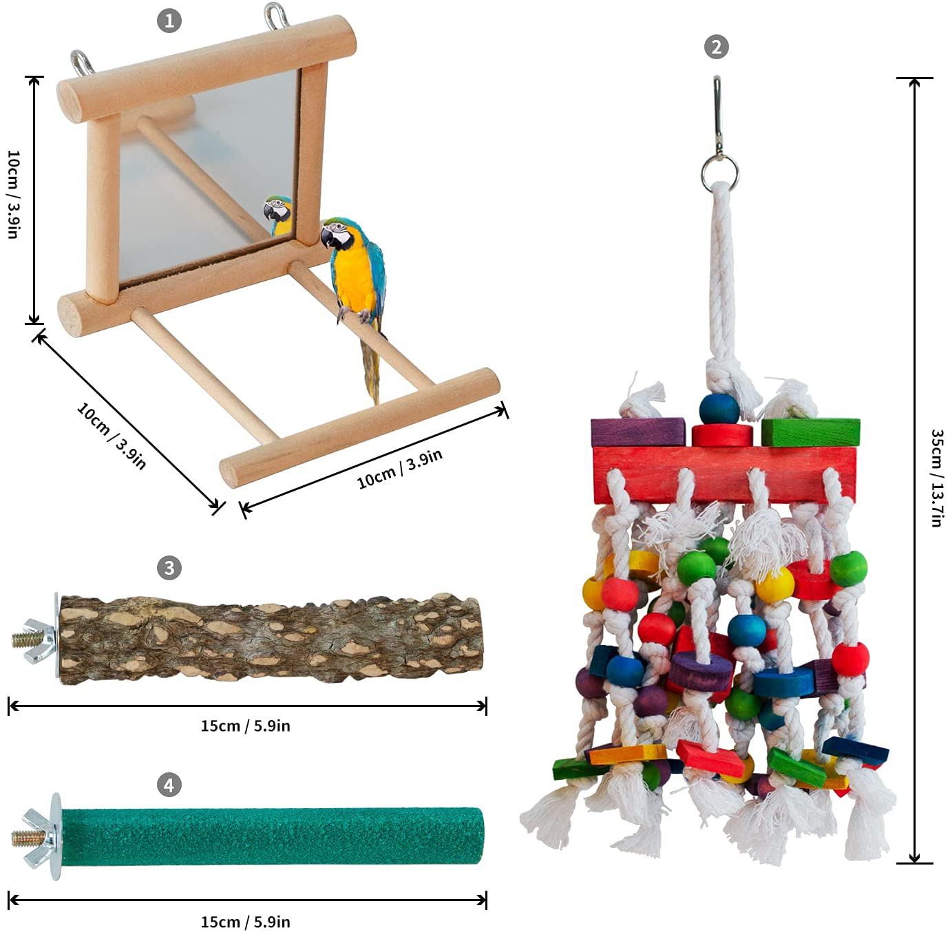 VECELA Parrot Toys, Bird Parrot Toys Set - Parrot Chewing Toys Knots Blocks, Parrot Mirror, Bird Perches - Bird Cage Toys for Budgies, Parakeets, Cockatiels, Conures, Lovebirds, Small or Medium Birds Animals & Pet Supplies > Pet Supplies > Bird Supplies > Bird Ladders & Perches VECELA   