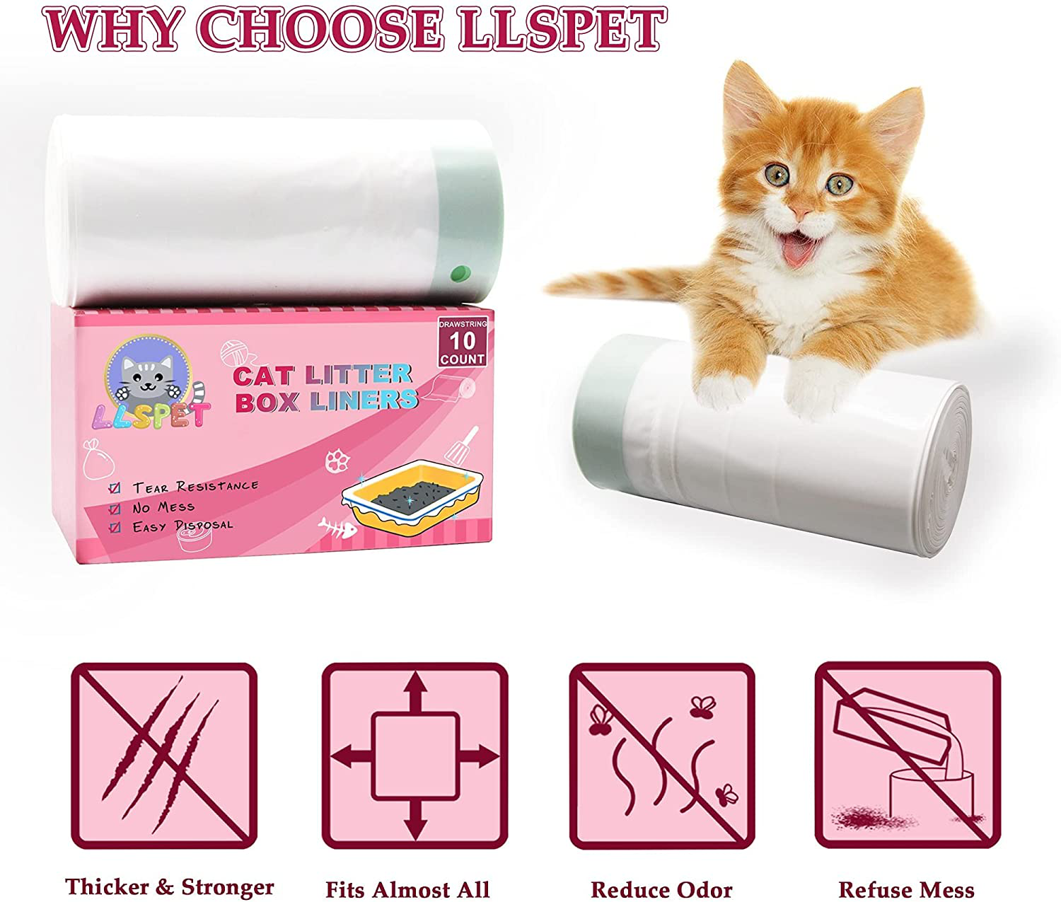 LLSPET Cat Litter Bags Valu-Pack of 10 Counts, Thicken Durable Litter Box Liner for Cats, Drawstring Pets Trash Bags -Tear Resistance,Without Odor (10 Count, 35.8IN17.7IN) Animals & Pet Supplies > Pet Supplies > Cat Supplies > Cat Litter Box Liners LLSPET   