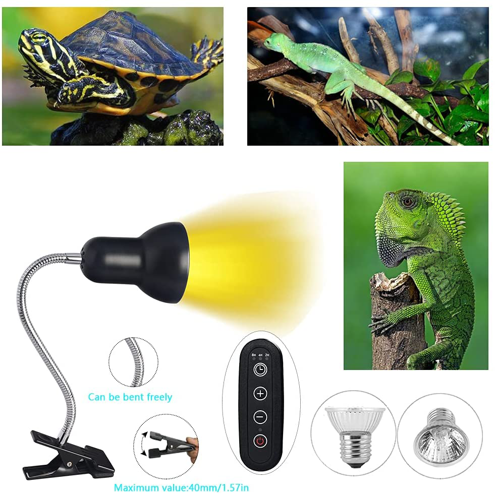 NBM Reptile Heating Lamp and Plant Lamp,Baking Spotlight with Metal Bracket and Adjustable Temperature Switch (With 2 Bulbs),Black
