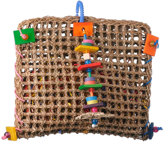 Super Bird Creations SB707 Seagrass Foraging Pouch Bird Toy with Colorful Chewable Gears, Large Size, 14” X 8” X 13”