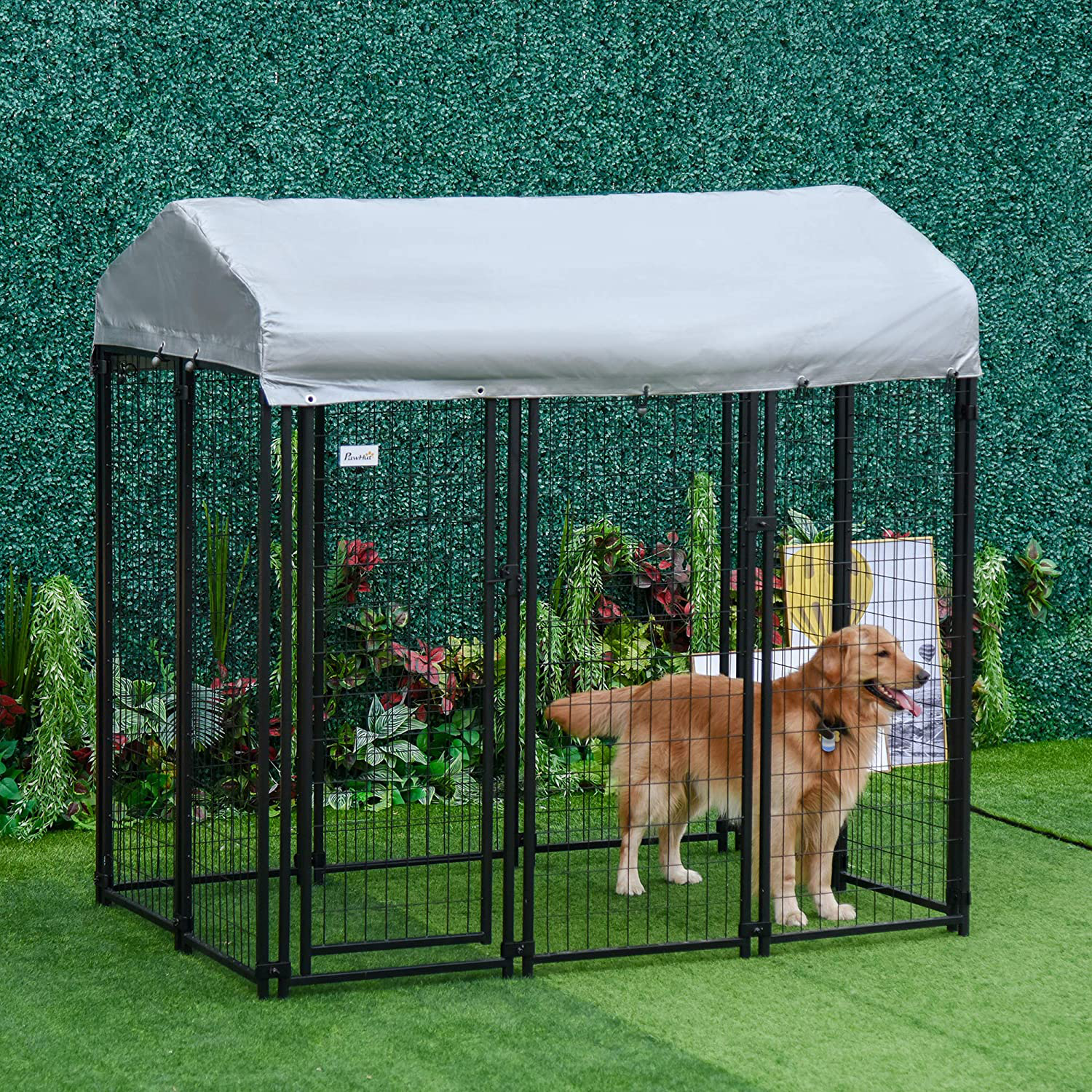 Pawhut Large Outdoor Dog Kennel Galvanized Steel Fence with Uv-Resistant Oxford Cloth Roof & Secure Lock