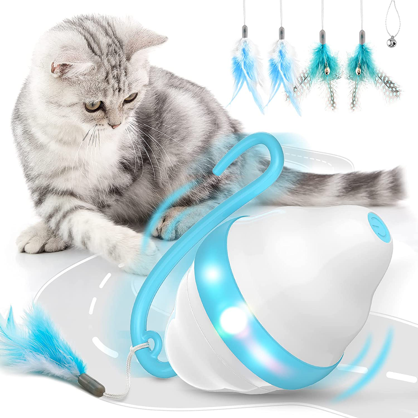 Moving Cat Toys Rolling Mouse Interactive Cat Exercise Toys with 5 Feathers USB Charging 2 Speeds Mode Colorful LED Light Automatic 360° Self Rotating Low Noise for Indoor Cats Kitten Animals & Pet Supplies > Pet Supplies > Cat Supplies > Cat Toys Fenxtoy   