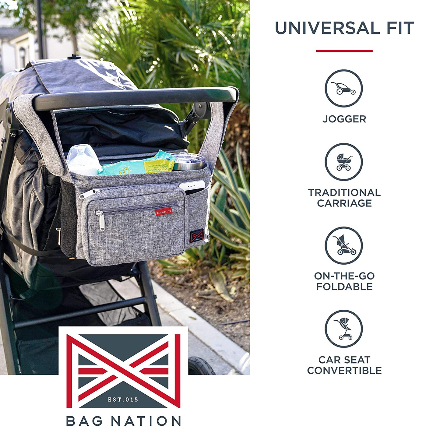 Bag Nation Universal Stroller Organizer Caddy Featuring Cup Holders, Large Main Pocket Compatible with Uppababy, Baby Jogger, Britax, Bugaboo, BOB, Umbrella and Pet Stroller - Grey Animals & Pet Supplies > Pet Supplies > Dog Supplies > Dog Treadmills Bag Nation   