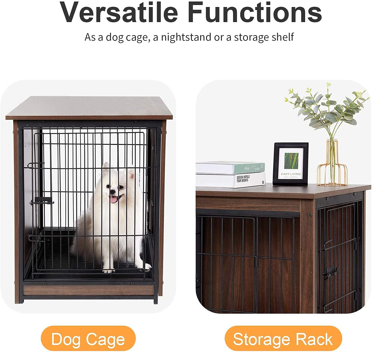 Bingopaw End Table Dog Crate with Double Door,Wooden Pet Kennel with Floor Tray, Top Detachable, Indoor Dog House for Small Medium Dogs