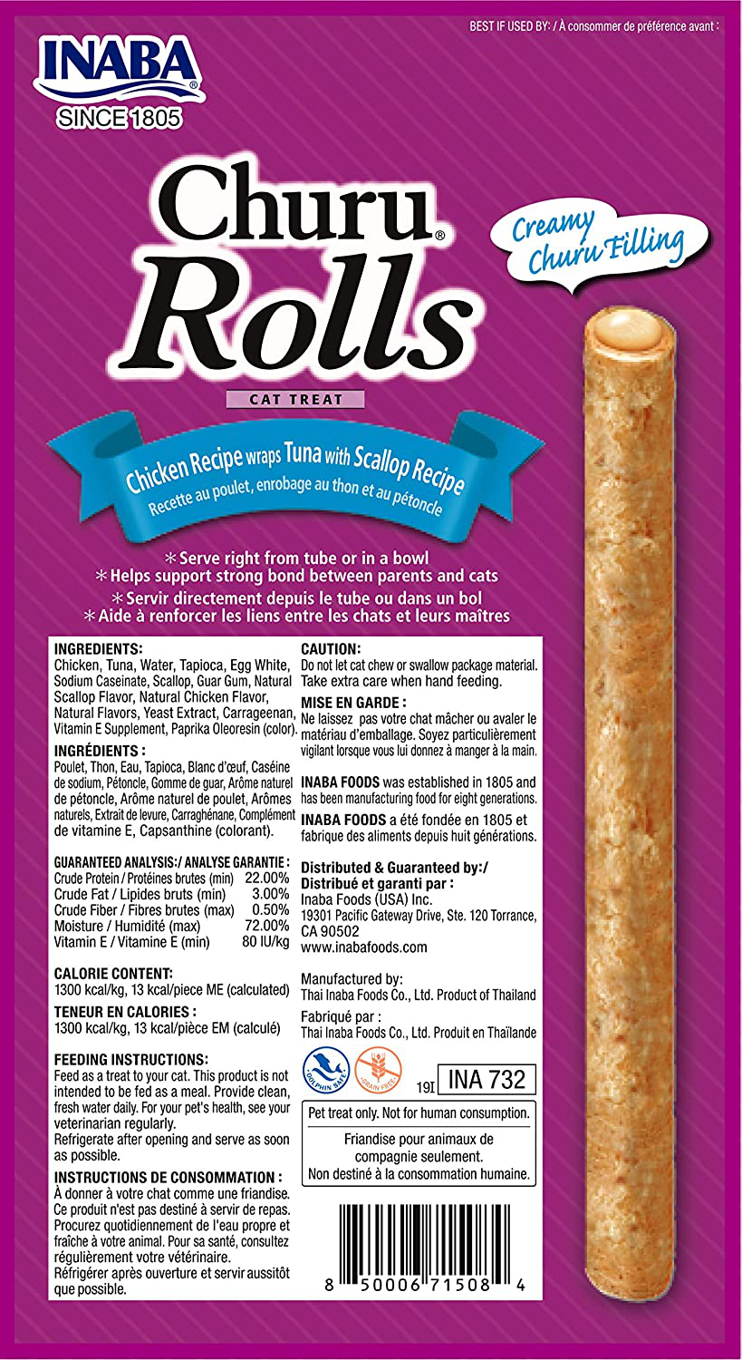 INABA Churu Rolls for Cats, Grain-Free, Soft/Chewy Baked Chicken, Churu Filled Cats Treats with Vitamin E, 0.35 Ounces Each Stick| 32 Stick Treats Total (4 Sticks per Pack) Animals & Pet Supplies > Pet Supplies > Cat Supplies > Cat Treats INABA   