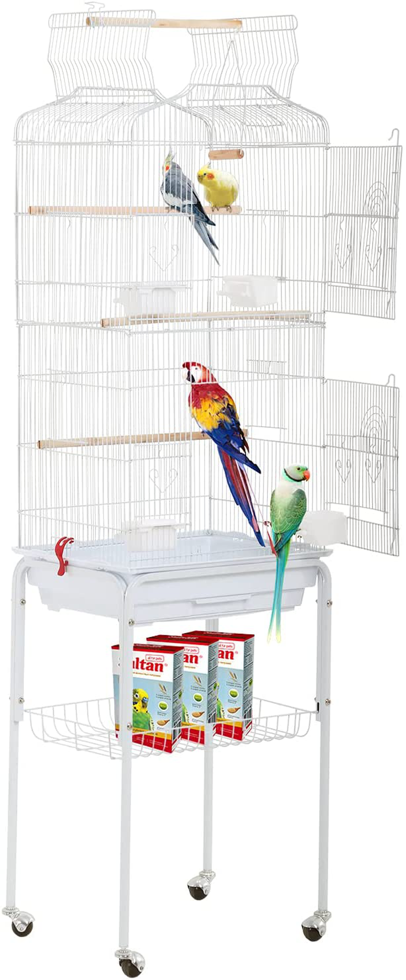 Bird Cage Parakeet Cage 64 Inch Open Top Standing Parrot Cage Accessories with Rolling Stand for Medium Small Cockatiel Canary Parakeet Conure Finches Budgie Lovebirds Pet Storage Shelf Animals & Pet Supplies > Pet Supplies > Bird Supplies > Bird Cages & Stands HCY White  